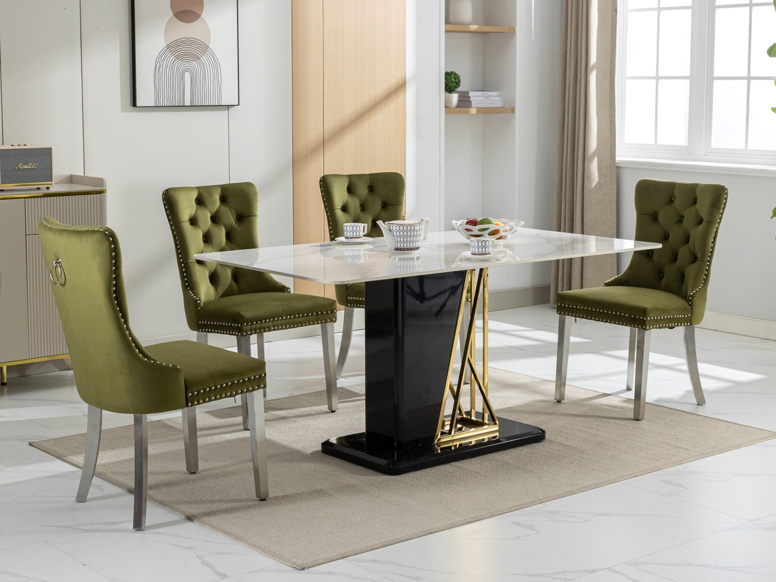HAOYYE High-end Tufted Solid Wood Contemporary Velvet Upholstered Dining Chair with Chrome Stainless Steel Plating Legs,Nailhead Trim,Set of 2,Olive-Green and Chrome, SW1701OL Sturdy