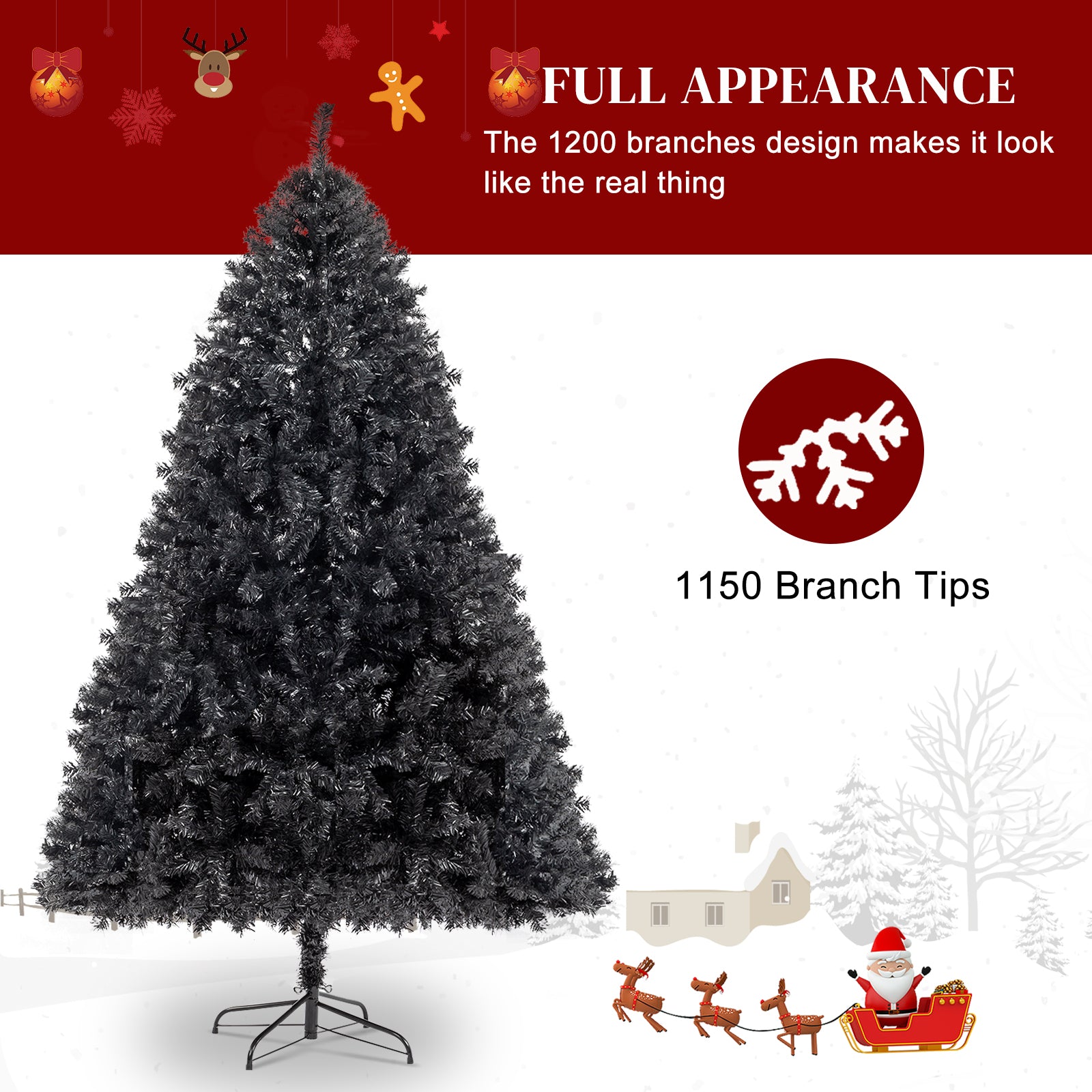HAOYYE Black Christmas Tree Artificial PVC Holiday Decoration Tree with 1050 Realistic Branch Tips Stable Metal Base Easy Assembly Flame-Resistant for Home Office Indoor Winter Holiday Display