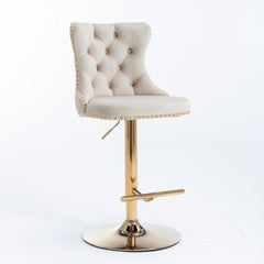 HAOYYE Golden Swivel Velvet Barstools Adjusatble Seat Height from 25-33 Inch,Modern Upholstered Bar Stools with Backs Comfortable Tufted for Home Pub and Kitchen Island,Beige,Set of 2 Sturdy