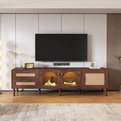 HAOYYE Rattan TV Stand with 3 Cabinets & 2 Drawers, Rattan-Inspired Media Console Table for TVs up to 80", LED Light Entertainment Center, TV Cabinet for Living Room, Bedroom, Home Theater, Sturdy Heavy Duty Construction