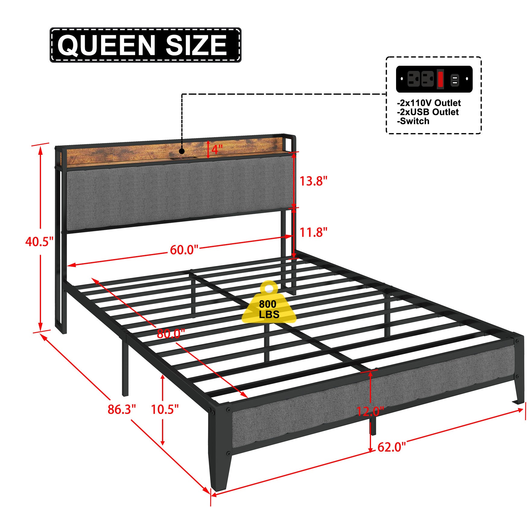 HAOYYE Queen Size Bed Frame with Charging Station, Upholstered Headboard, Metal Platform, Grey Sturdy Space-Saving Heavy Duty Modern Design Adults Dorm Room Easy Assembly Bedroom Furniture