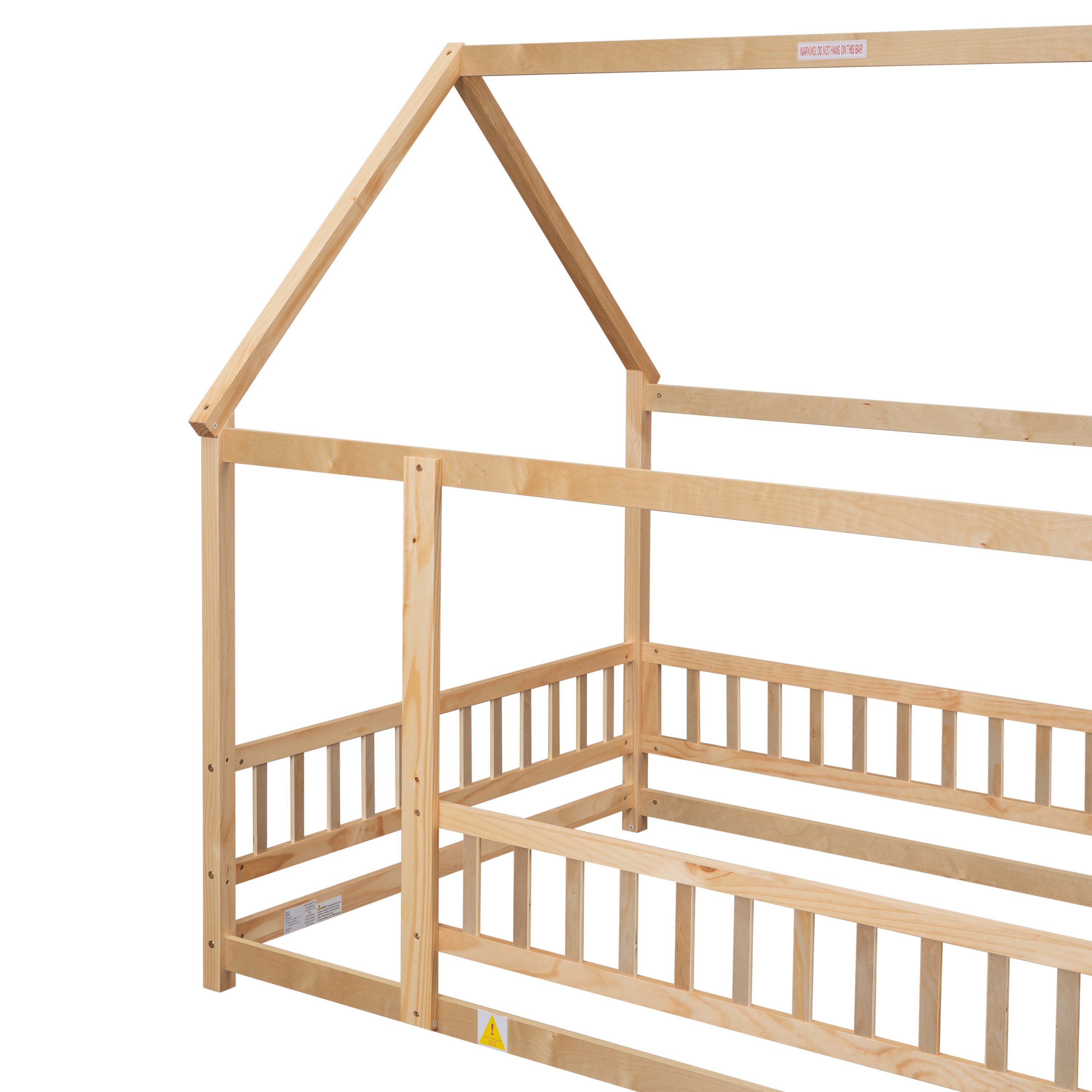HAOYYE Full Size Floor Wooden Bed with House Roof Frame, Fence Guardrails ,Nartural Sturdy Space-Saving Heavy Duty Modern Design Adults Dorm Room Easy Assembly Bedroom Furniture