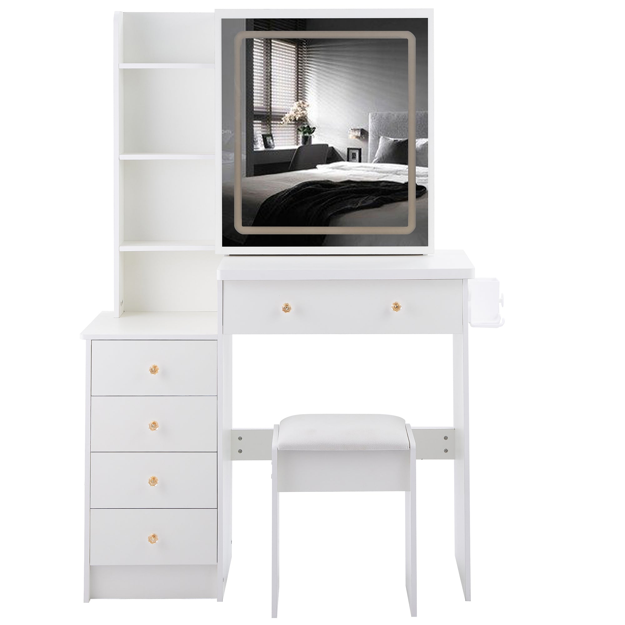 HAOYYE 37" Middle Size Left Bedside Cabinet Vanity Table + Cushioned Stool Dresser Set, 2 AC+2 USB Socket, Hair Dryer Stand, Large Touch Control LED Sliding Mirror, 3-color Switch, EPA, GCC, UL Certificate