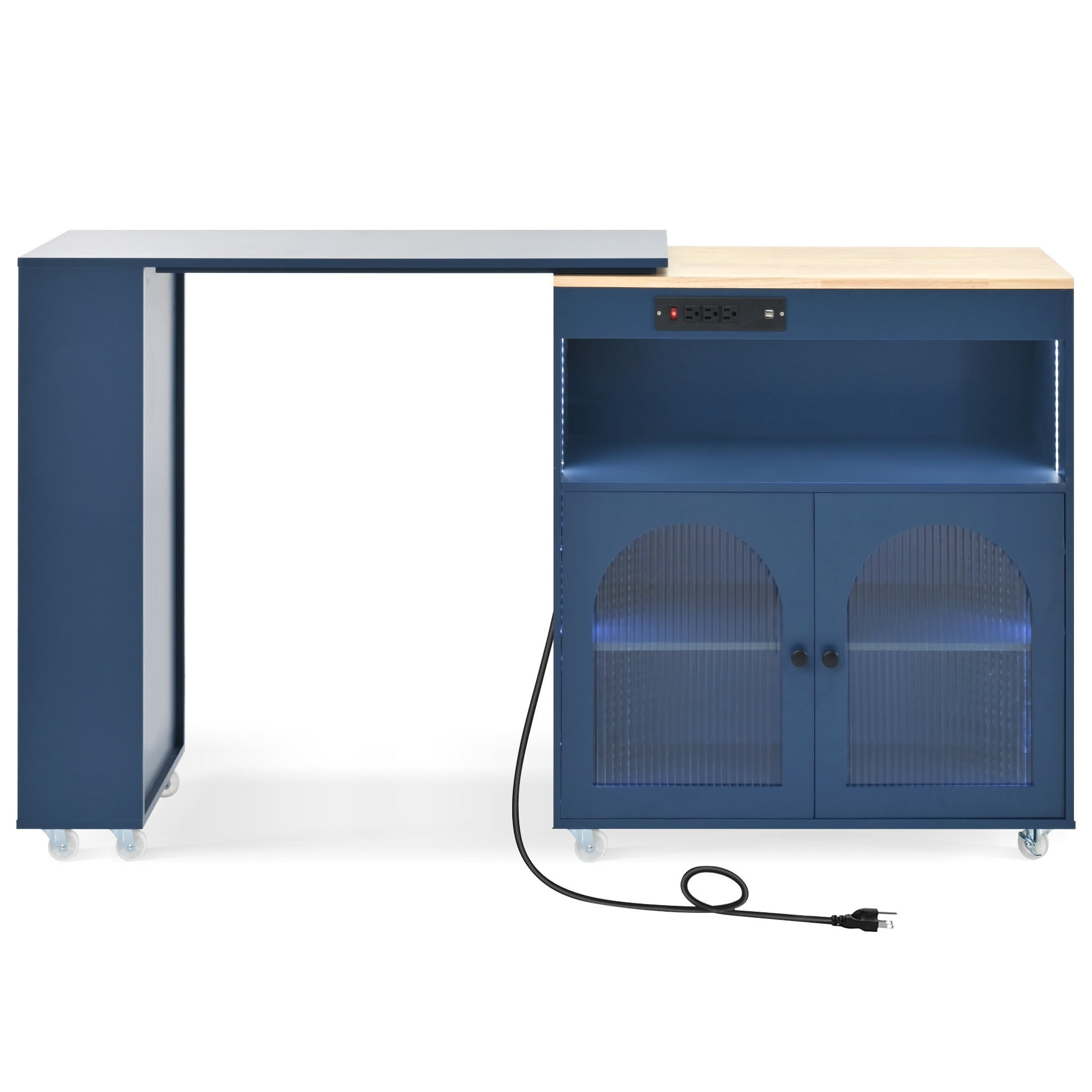 HAOYYE Navy Rolling Kitchen Island With Extended Table, LED Lights, Power Outlets, Fluted Glass Doors, Storage Compartment, and Open Shelves, Sturdy Space-Saving Design, Easy Assembly
