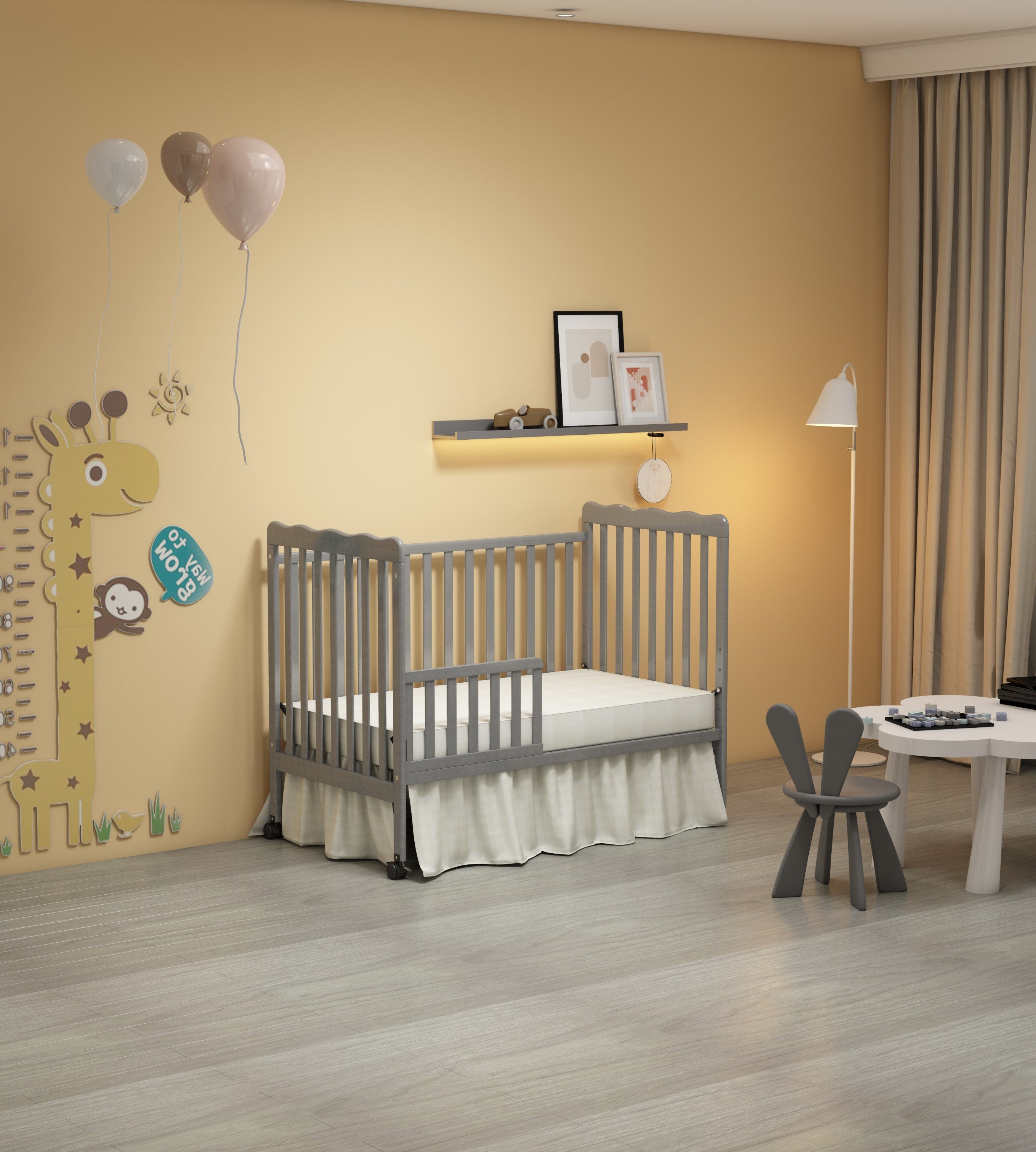 HAOYYE 3-In-1 Convertible Crib In Storm Grey, Made Of Sustainable Pinewood, Non-Toxic Finish, Comes With Locking Wheels, Wooden Nursery Furniture Sturdy Space-Saving Heavy Duty Modern Design Adults