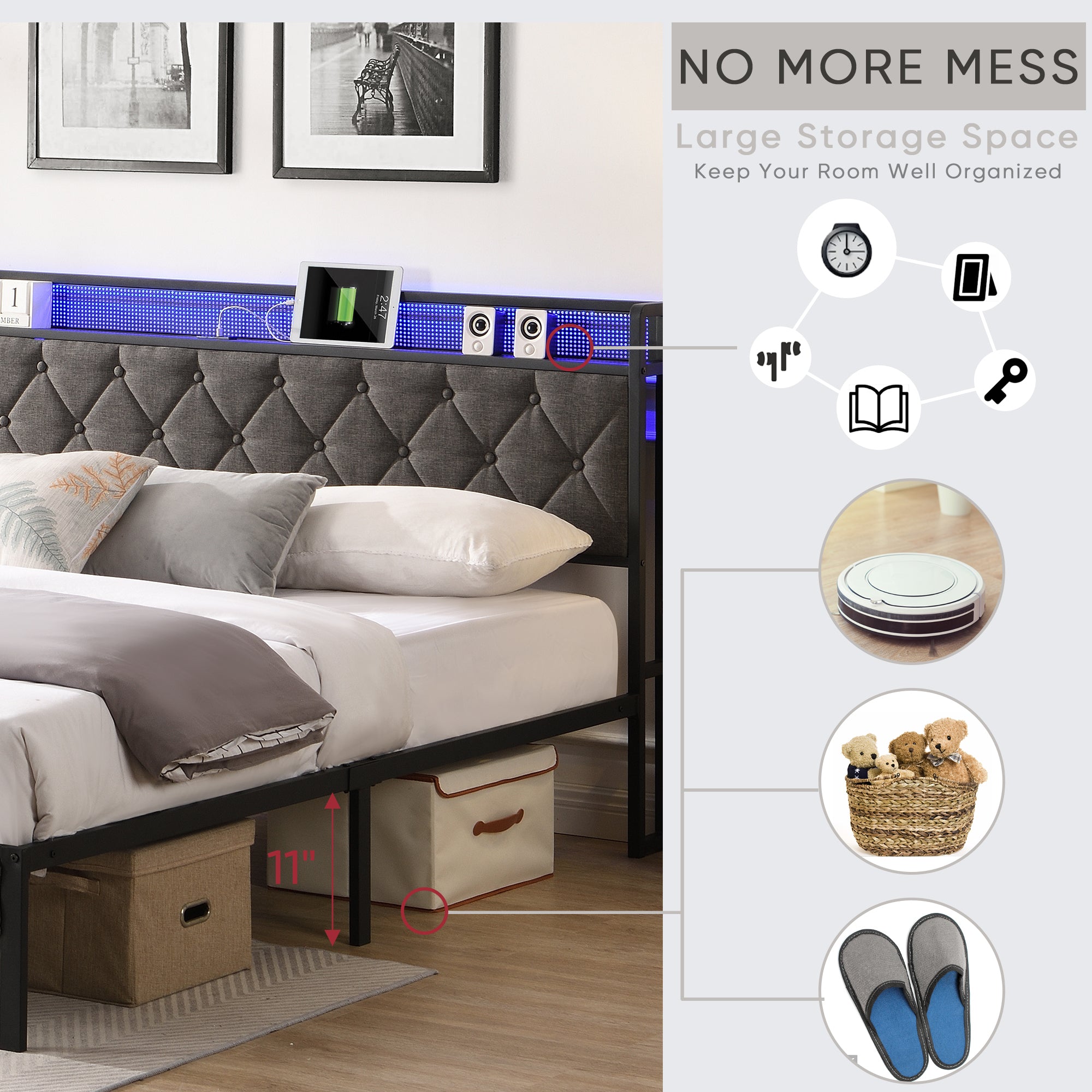 HAOYYE King Bed Frame with Storage Headboard, Charging Station and LED Lights, Upholstered Platform Bed with Heavy Metal Slats, No Box Spring Needed, Noise Free, Easy Assembly, Dark Gray Sturdy Space-Saving