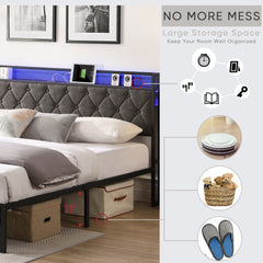 HAOYYE King Bed Frame with Storage Headboard, Charging Station and LED Lights, Upholstered Platform Bed with Heavy Metal Slats, No Box Spring Needed, Noise Free, Easy Assembly, Dark Gray Sturdy Space-Saving
