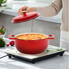 HAOYYE Cast Iron 5QT Cooking Pot Gradient Red Enamel Coating Includes Two Silicone Gloves Heavy Duty Durable Dutch Oven for Stovetop Oven and Outdoor Cooking Perfect for Stews Soups Casseroles and Everyday Meals