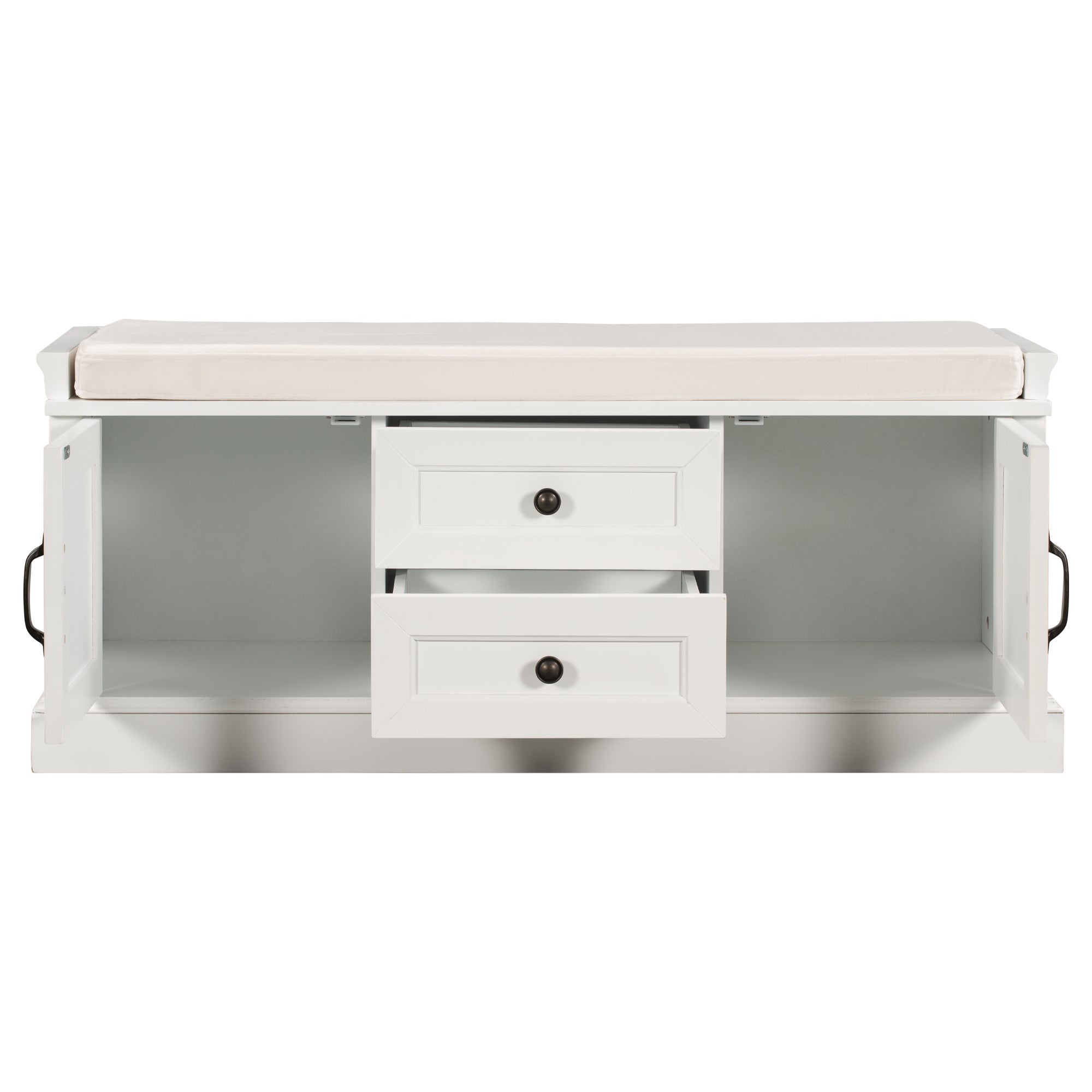 HAOYYE Storage Bench with 2 Drawers and Cabinets, Shoe Bench with Removable Cushion for Living Room, Entryway, Sturdy Space-Saving Heavy Duty Modern Design, White, Easy Assembly for Adults and Dorm Rooms