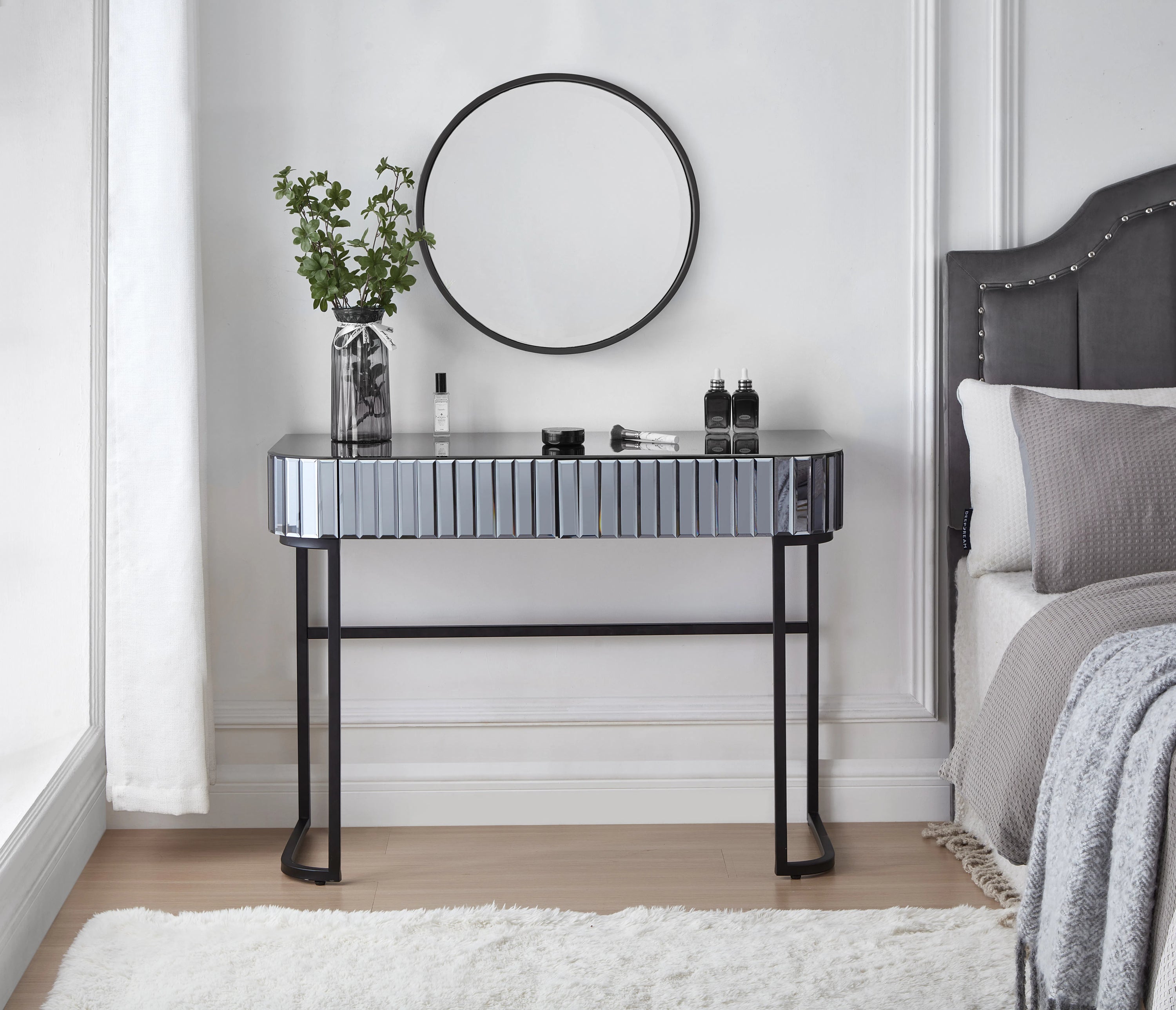 HAOYYE 39" Mirrored Makeup Vanity Table with Stainless Steel Base, Mirrored Console Dressing Table with 2 Drawers,Versatile Desk for Bedroom and Office, Gray