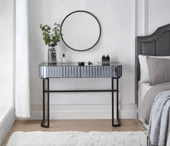 HAOYYE 39" Mirrored Makeup Vanity Table with Stainless Steel Base, Mirrored Console Dressing Table with 2 Drawers,Versatile Desk for Bedroom and Office, Gray
