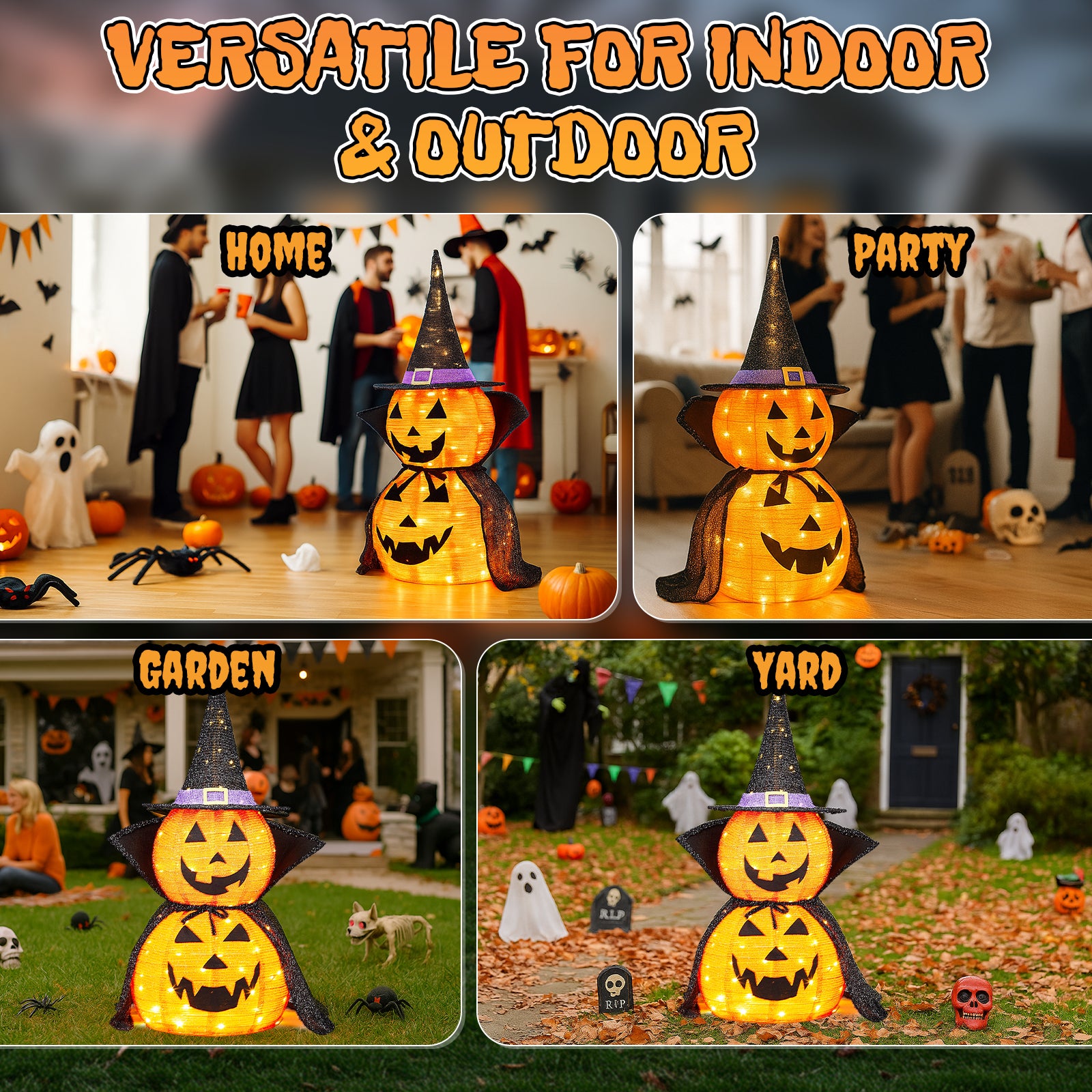 HAOYYE Black Halloween Pumpkin Decorations 2-Pack Collapsible Lighted Jack-O-Lanterns with 176 Warm LED Lights, Metal Frame Pop-Up Pumpkin Lamps with Wizard Capes for Indoor Outdoor Garden Patio Party Decor