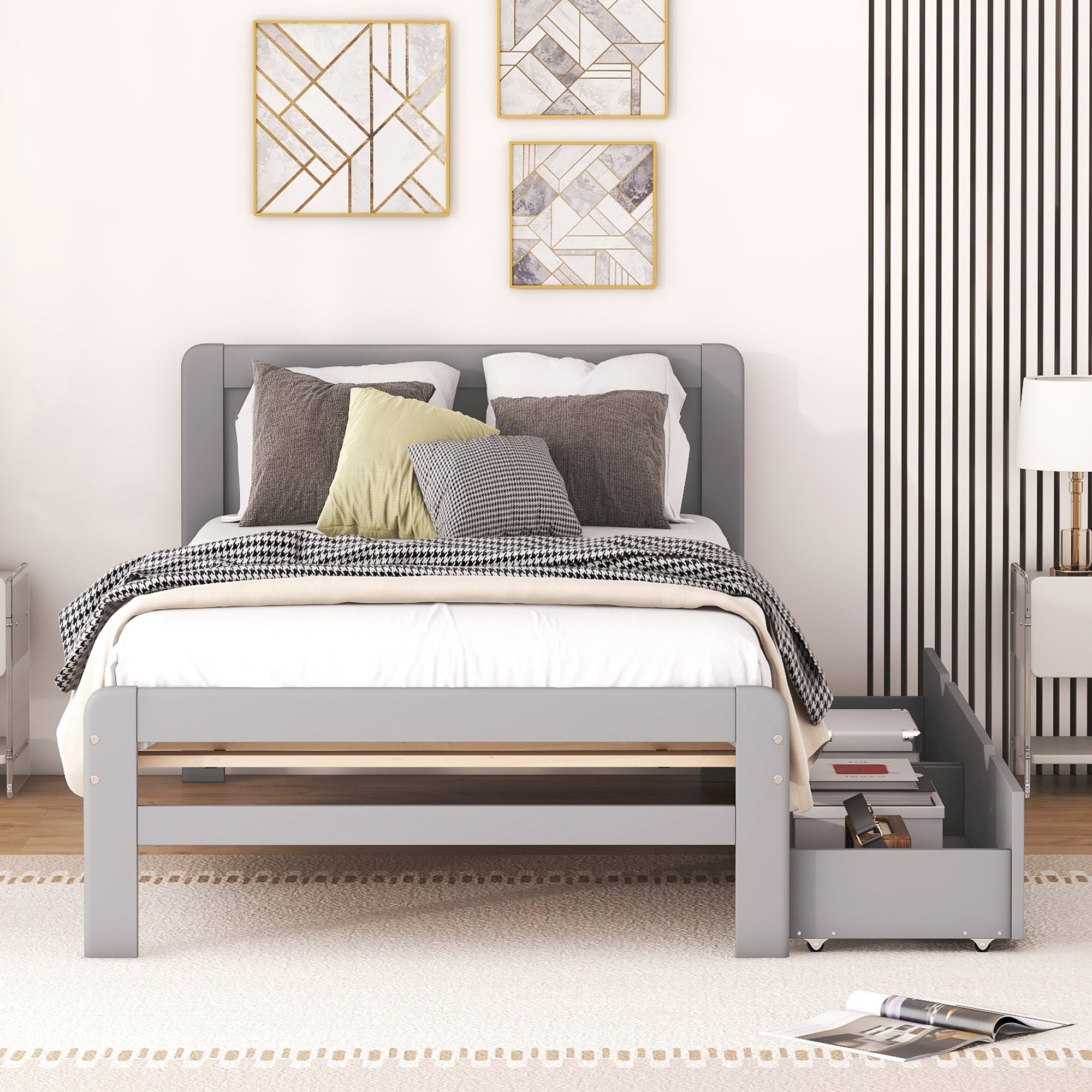 HAOYYE Modern Twin Platform Bed Frame with 2 Drawers, Sturdy Space-Saving Design, Heavy Duty Construction, Easy Assembly, Bedroom Furniture for Adults, Gray Color