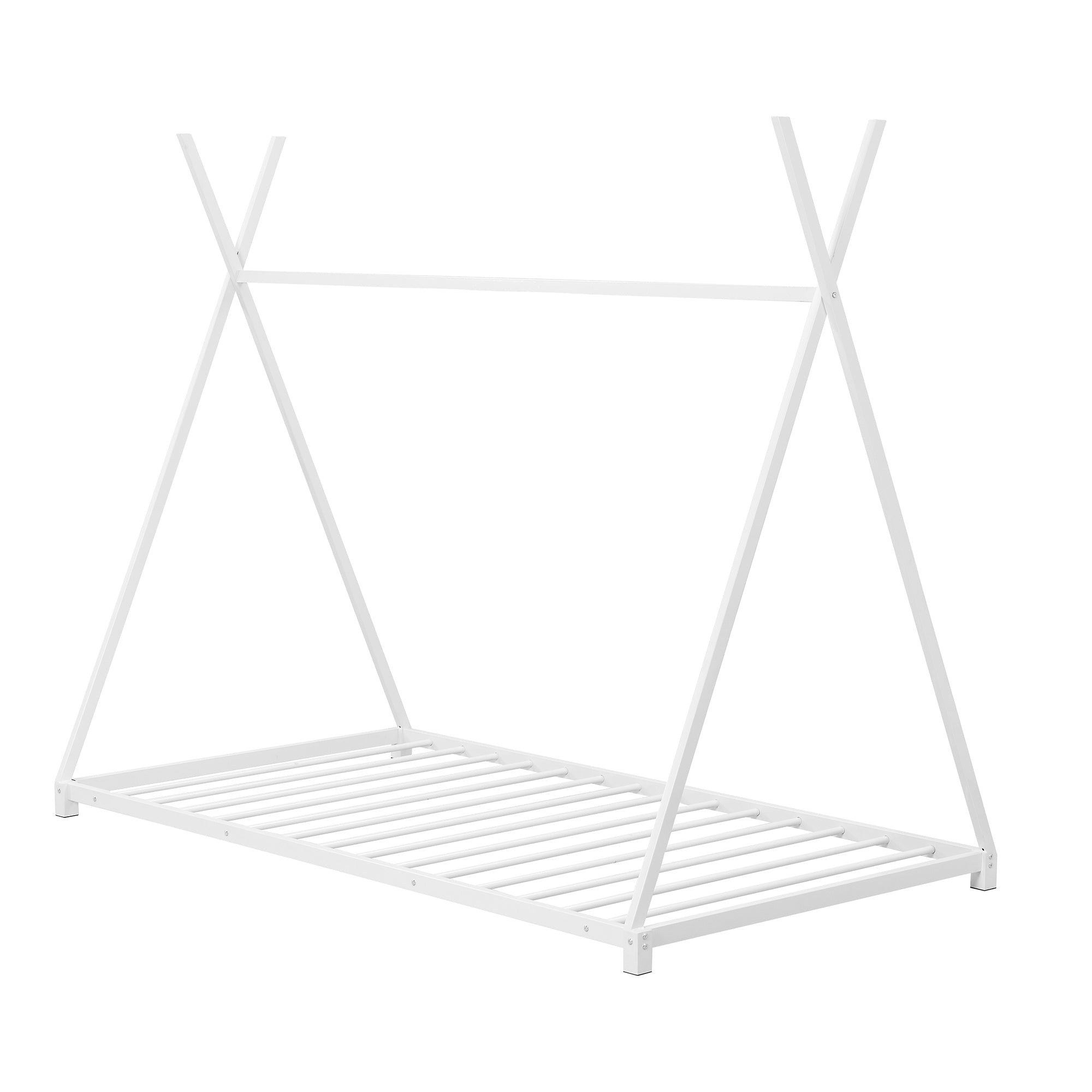 HAOYYE Metal Twin Size House Platform Bed with Triangle Structure, White Sturdy Space-Saving Heavy Duty Modern Design Adults Dorm Room Easy Assembly Bedroom Furniture
