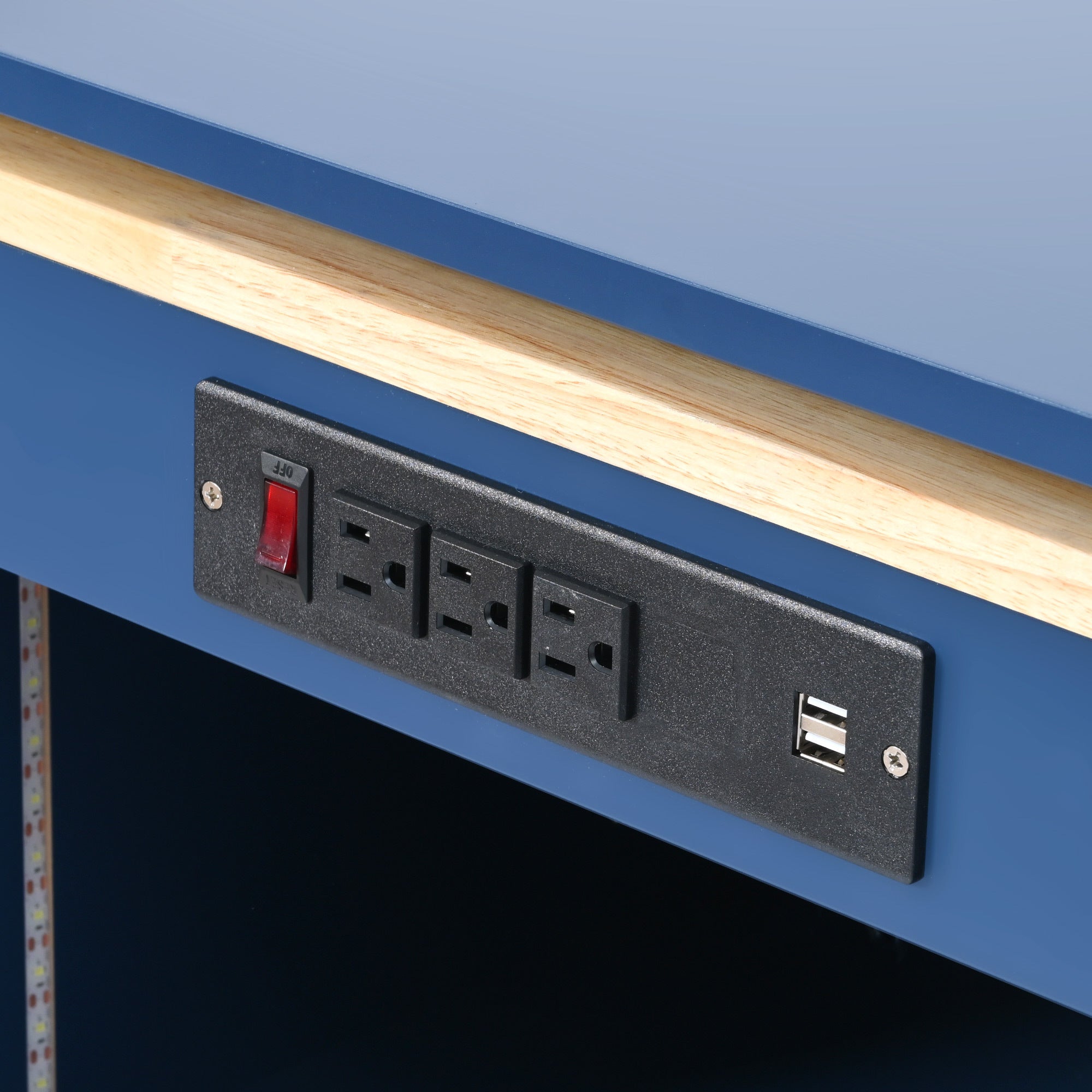HAOYYE Navy Rolling Kitchen Island With Extended Table, LED Lights, Power Outlets, Fluted Glass Doors, Storage Compartment, and Open Shelves, Sturdy Space-Saving Design, Easy Assembly