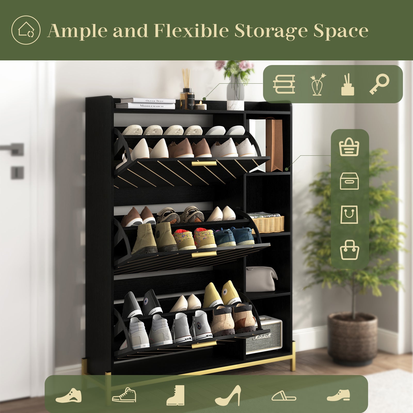 HAOYYE Modern Slim Shoe Cabinet With 3 Flip Drawers And Open Shelves, Wood Freestanding Shoe Organizer, Narrow Hidden Shoe Storage For Heels, Boots, And Slippers, Sturdy Entryway Shoe Rack For Entrance