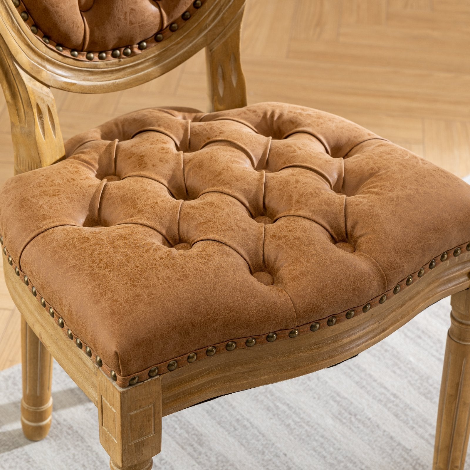 HAOYYE French Style Solid Wood Frame Antique Painting,Hand-pulled buckle decoration PU artificial leather Dining Chair with Nailhead Trim ,Wood Legs,Density Foam,Steel Spring inner,Set of 2,Orange,SW1839OG