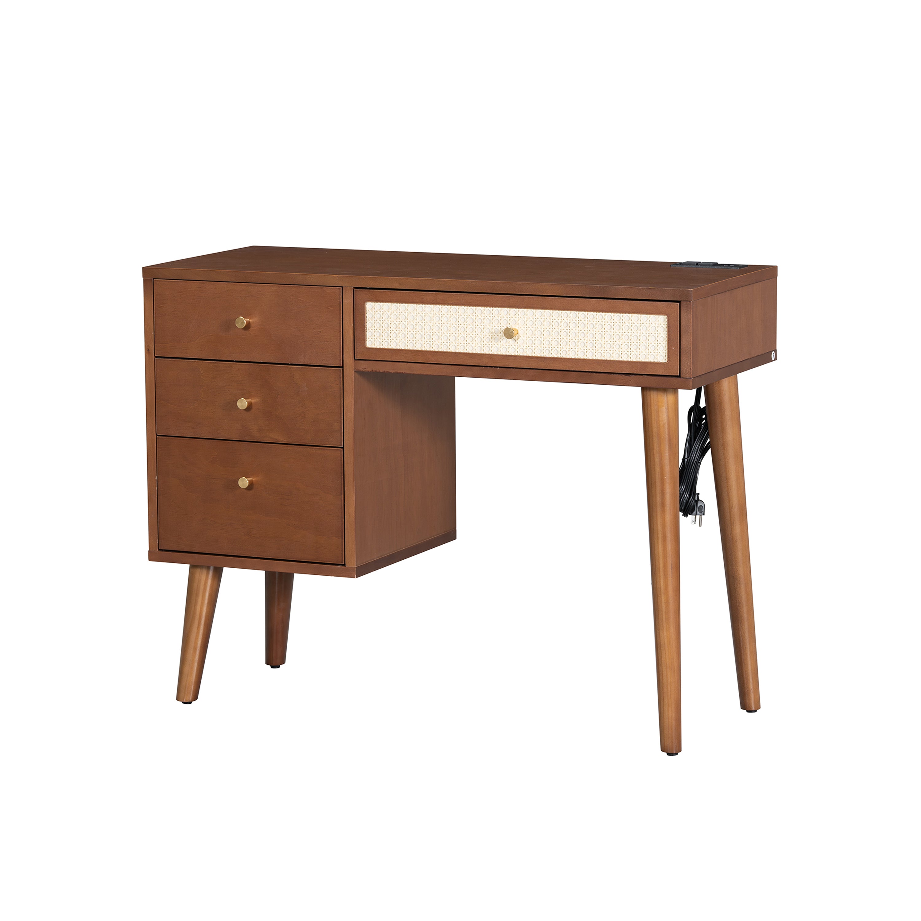 HAOYYE 39" Retro Bohemian Style Wooden Makeup Vanity Set with Charging Plug&USB Port and Stool, Dressing Table with 3 Storage Drawers and 1 Rectangular Rattan Drawer, Walnut