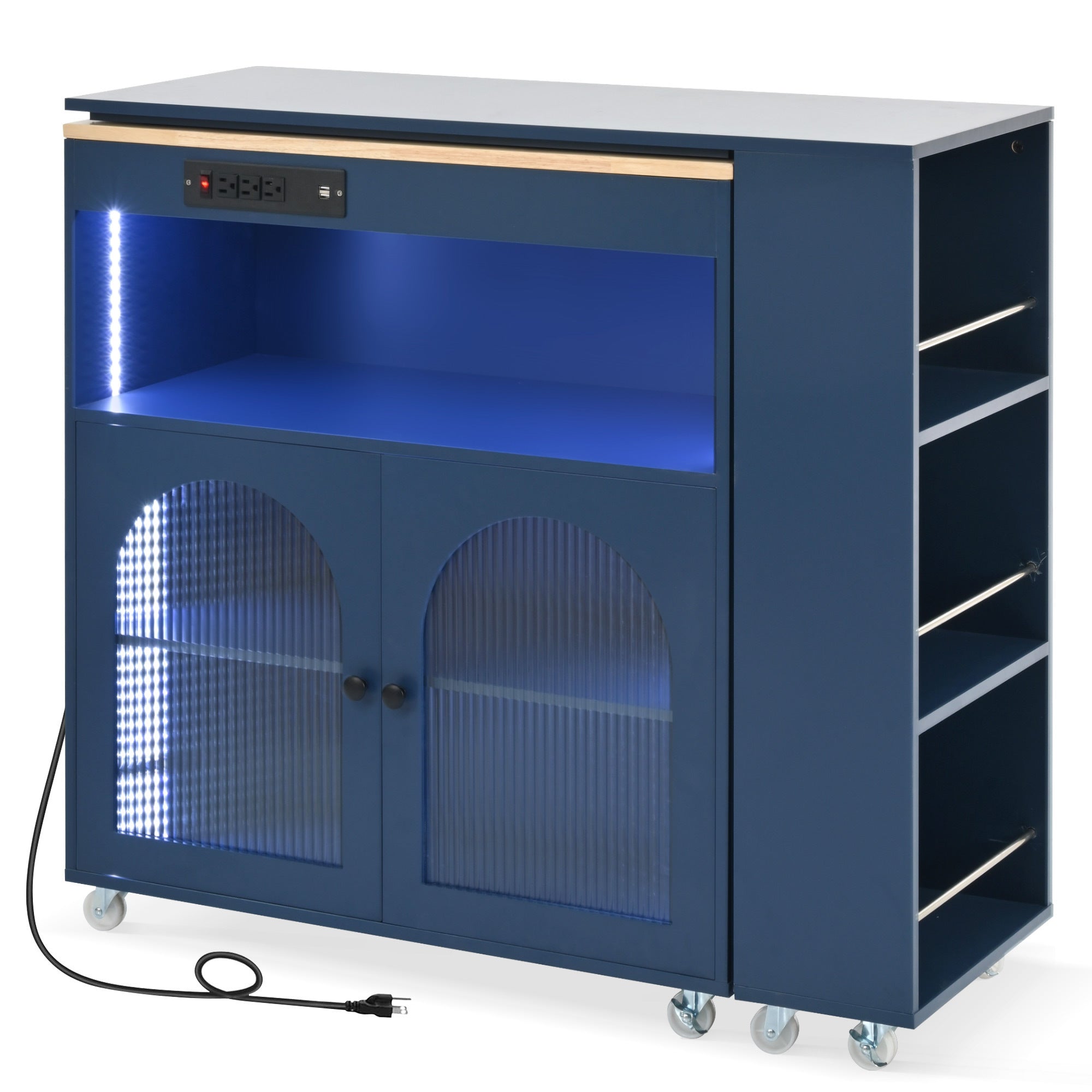 HAOYYE Navy Rolling Kitchen Island With Extended Table, LED Lights, Power Outlets, Fluted Glass Doors, Storage Compartment, and Open Shelves, Sturdy Space-Saving Design, Easy Assembly
