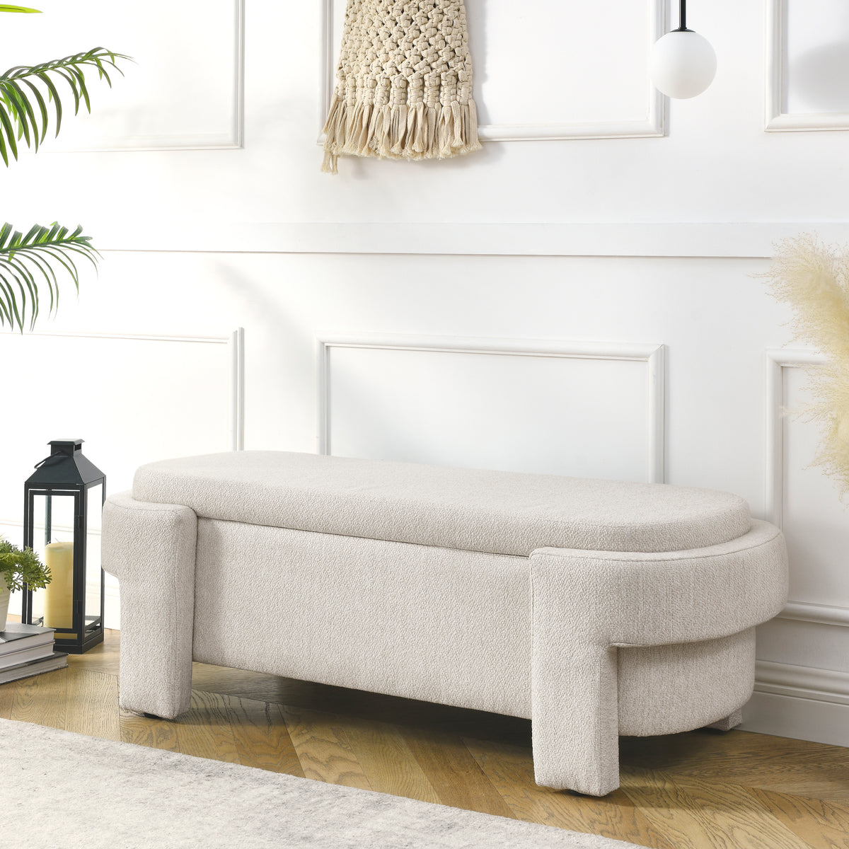 HAOYYE Linen Fabric Upholstered Bench with Large Storage Space for the Living Room, Entryway and Bedroom,Beige, Sturdy Space-Saving Heavy Duty Modern Design Easy Assembly Durable