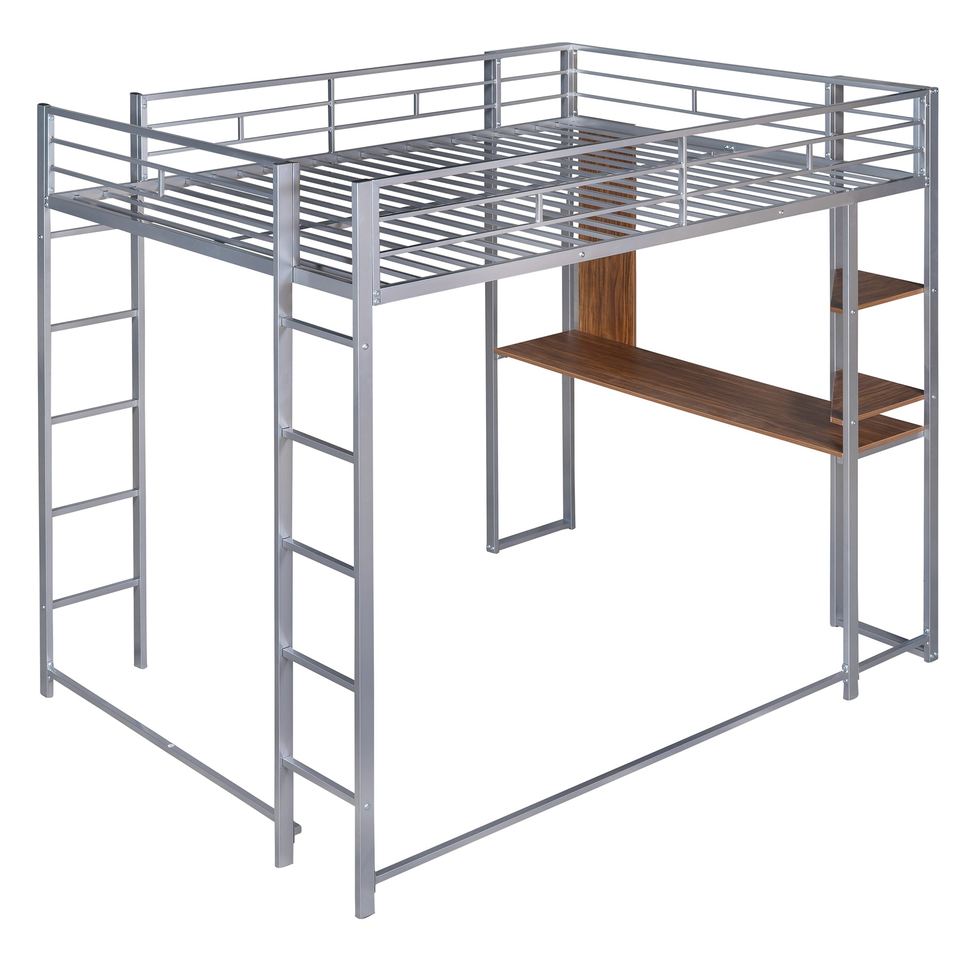 HAOYYE Full Size Metal Loft Bed with 2 Built-in Shelves & Desk, Silver – Space-Saving Design with Sturdy Metal Frame, Includes Full-Length Guardrails & Ladder, No Box Spring Needed, Perfect for Small Bedrooms & Dorm Rooms