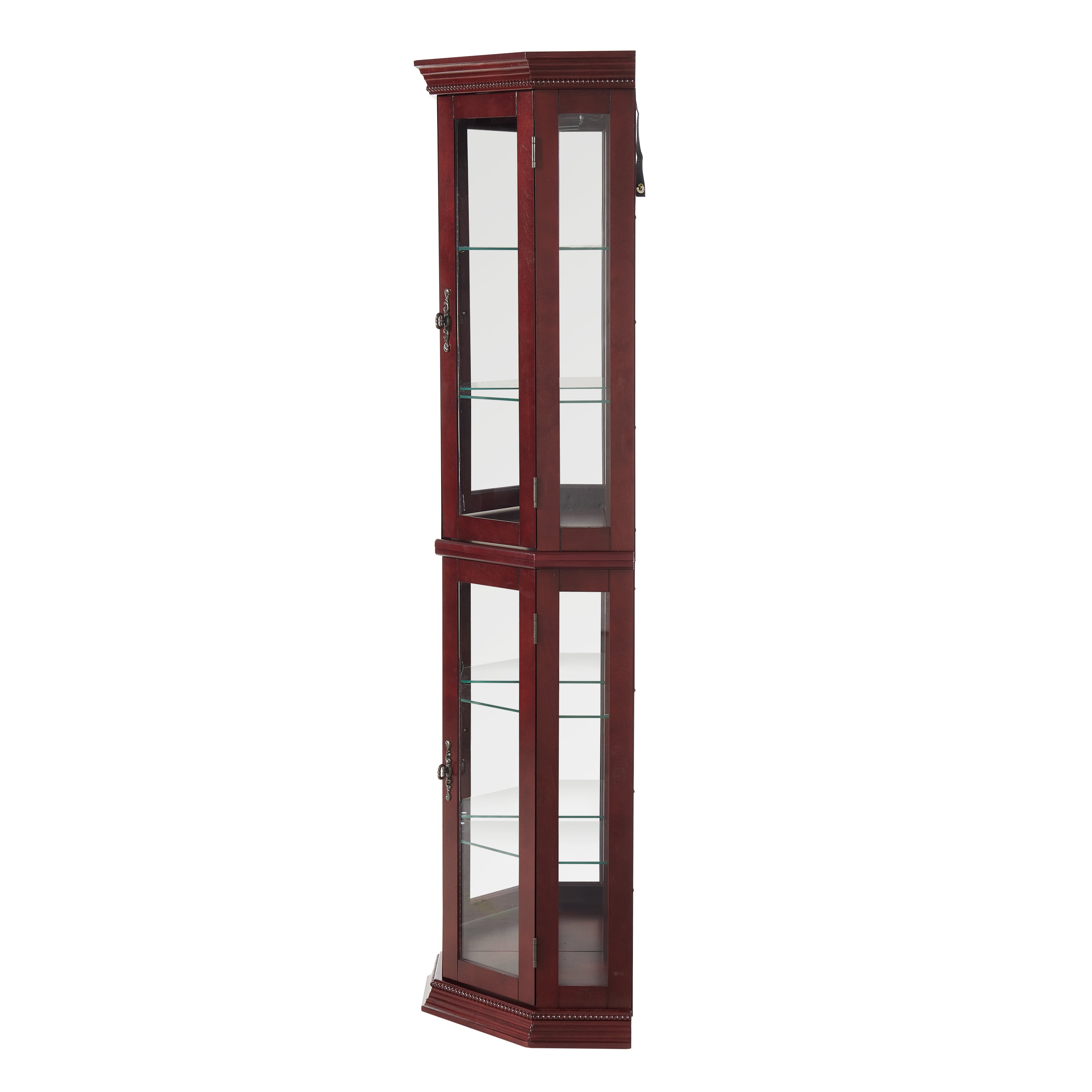 HAOYYE Corner Curio Cabinet with Built-In Lights, Adjustable Tempered Glass Shelves, Mirrored Back Panel, Modern Display Cabinet, Cherry Finish, Sturdy and Space-Saving Design, Ideal for Living Room or Dining Room