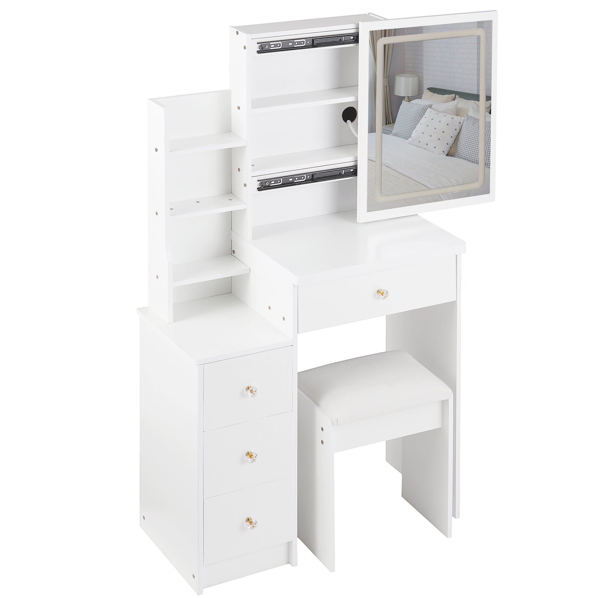 HAOYYE Small Size Left Bedside Cabinet Vanity Table + Cushioned Stool, Touch Control Sliding LED Mirror, Tri-color Switching, Brightness Adjust, Multi Layer, Suitable for Small Space, EPA,GCC,UL Certificate