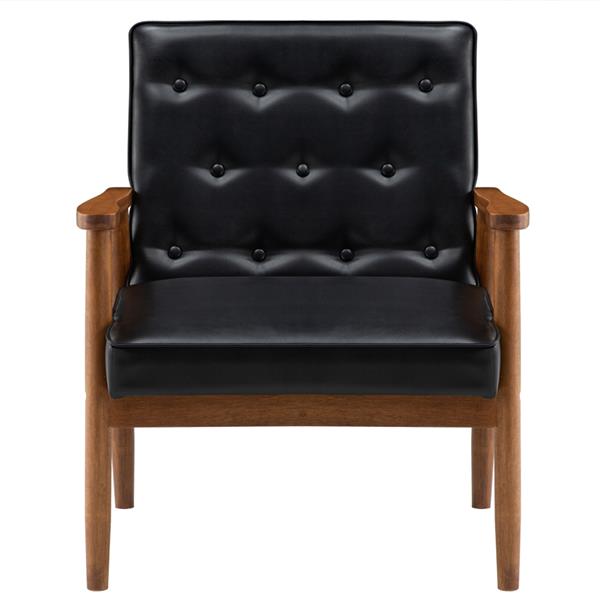 HAOYYE Retro Modern Wooden Single Chair With Black PU Upholstery, Comfortable High Back Design, Sturdy Solid Wood Frame, Elegant Living Room Accent Seating, Durable And Stylish Home Furniture