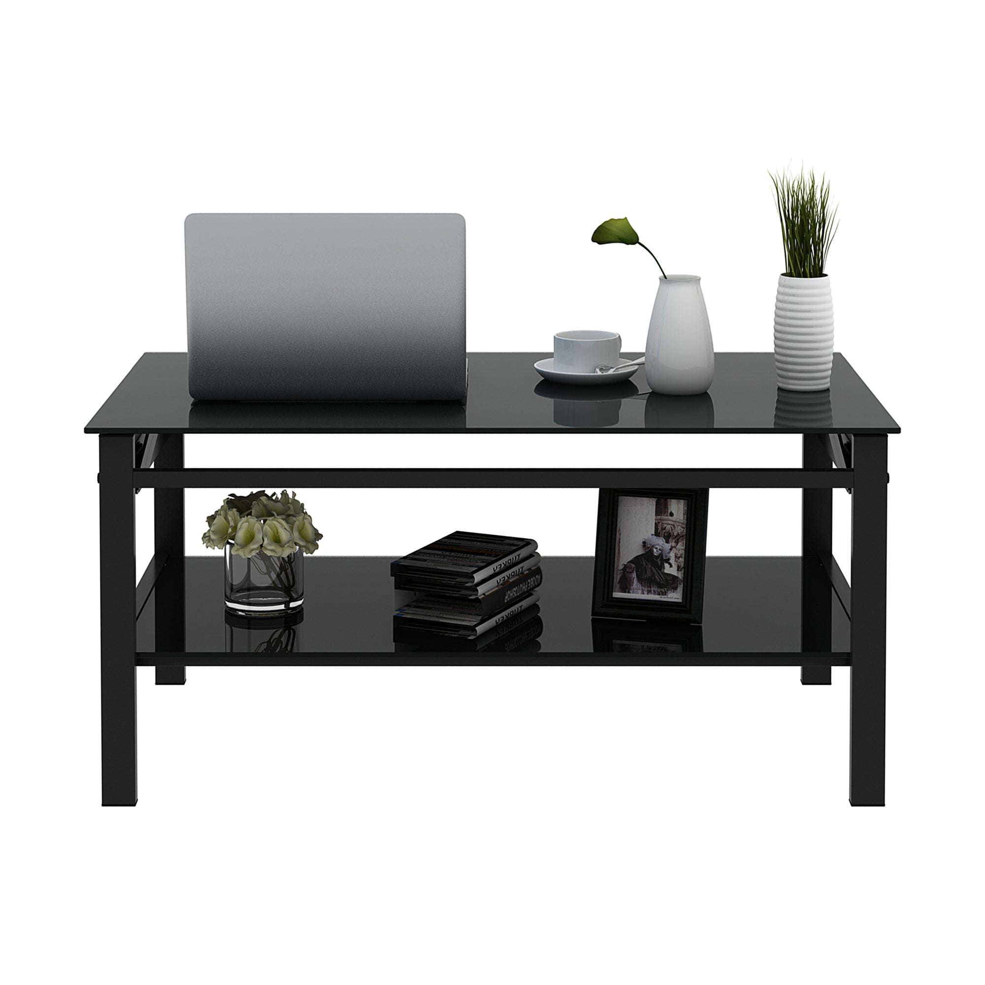 HAOYYE Glass Lift Top Coffee Table, Modern Simple 2-Layer Tempered Glass Coffee Table for Living Room, Black Sturdy Space-Saving Heavy Duty Modern Design Adults Dorm Room Easy Assembly Bedroom Furniture