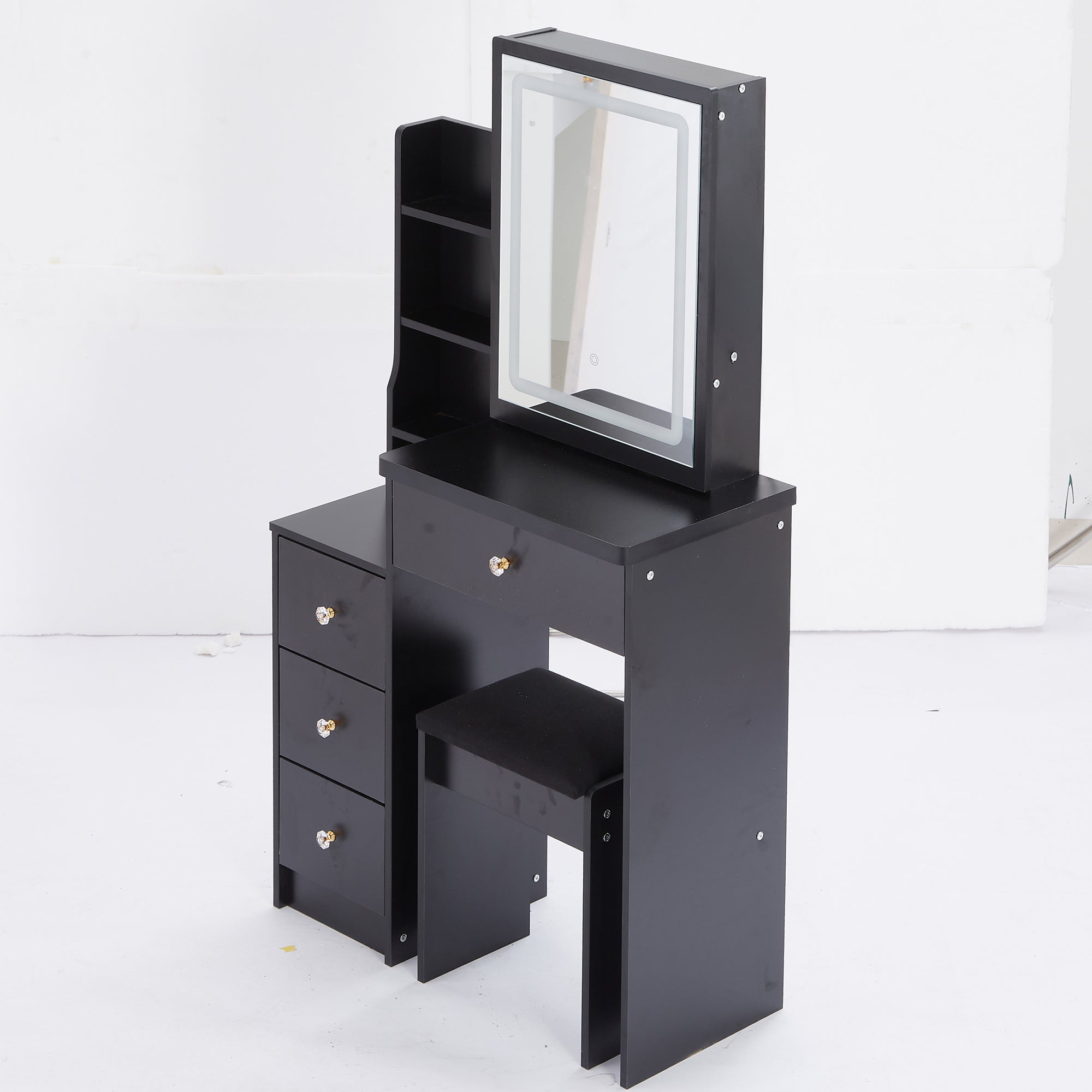 HAOYYE Small Size Left Bedside Cabinet Vanity Table + Cushioned Stool, Touch Control Sliding LED Mirror, Tri-color Switching, Brightness Adjust, Multi Layer, Suitable for Small Space, EPA,GCC,UL Certificate