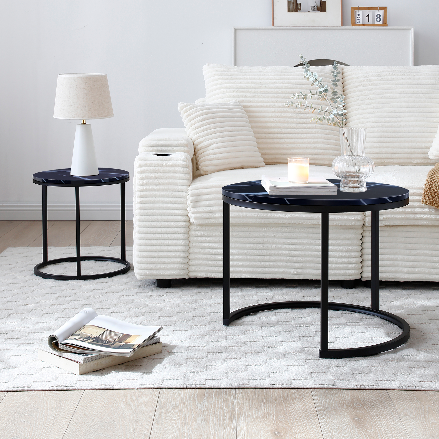 HAOYYE Set of 2 Round Nesting Coffee Tables with Black Marble Pattern Top and Metal Frame, Modern Industrial Circular Side Tables for Living Room Bedroom Apartment or Office Use