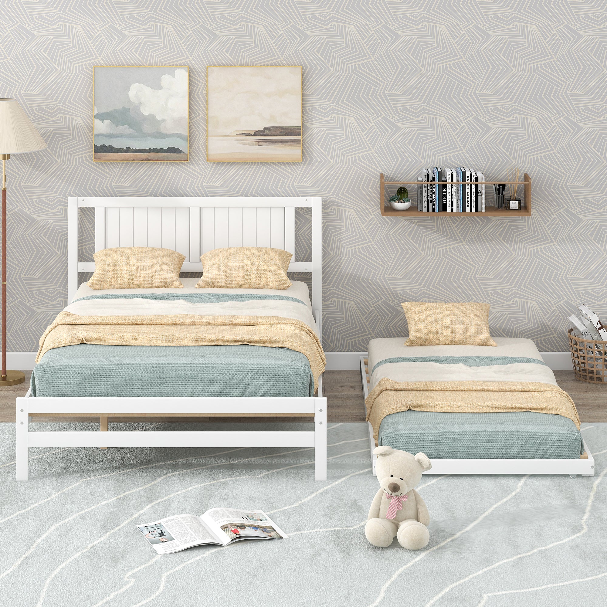HAOYYE Full Size Platform Bed with Adjustable Trundle, White, Space-Saving Modern Design, Sturdy and Heavy-Duty Wood Frame, Ideal for Guest Room, Apartment, or Dorm, Easy Assembly Bedroom Furniture