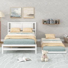 HAOYYE Full Size Platform Bed with Adjustable Trundle, White, Space-Saving Modern Design, Sturdy and Heavy-Duty Wood Frame, Ideal for Guest Room, Apartment, or Dorm, Easy Assembly Bedroom Furniture