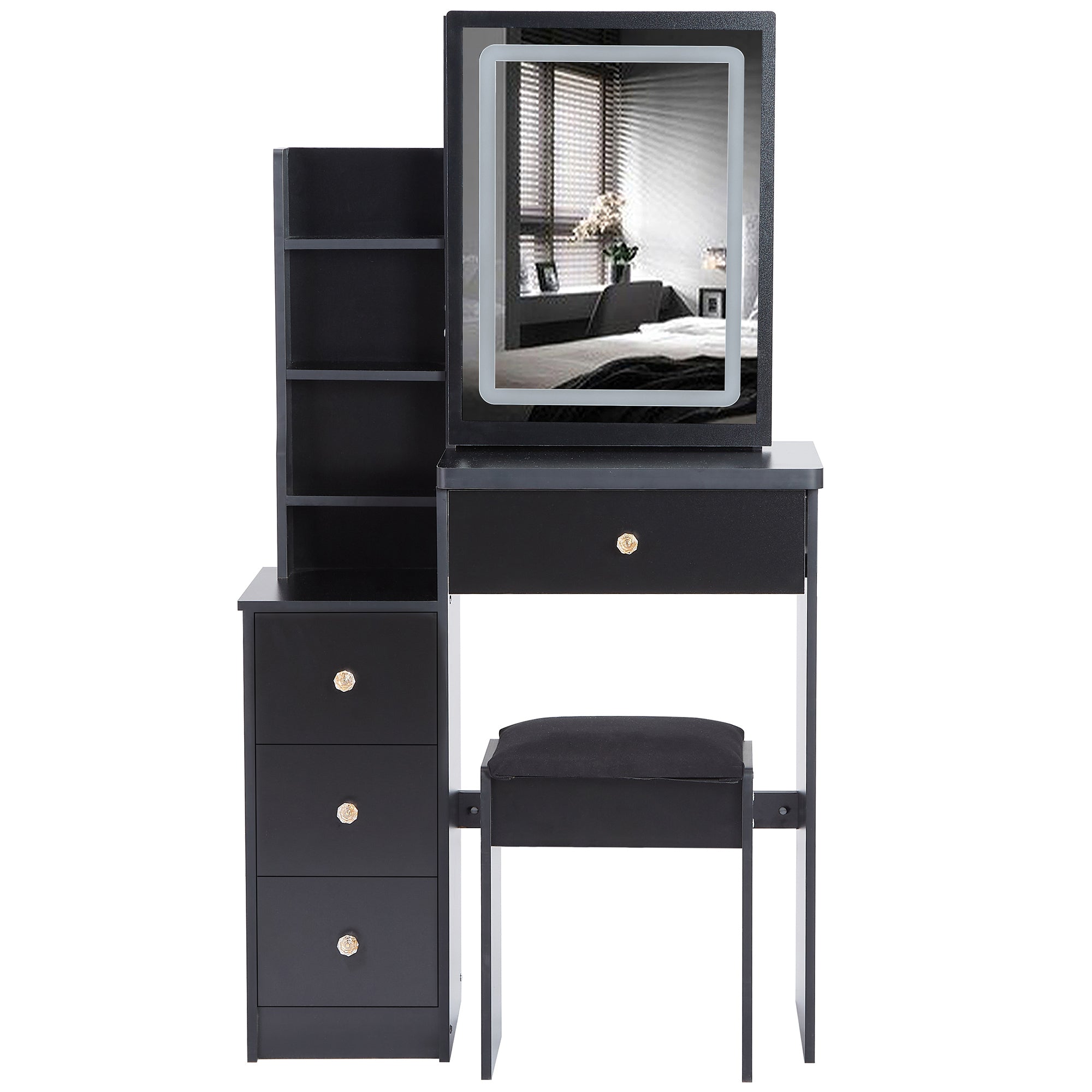 HAOYYE Small Size Left Bedside Cabinet Vanity Table + Cushioned Stool, Touch Control Sliding LED Mirror, Tri-color Switching, Brightness Adjust, Multi Layer, Suitable for Small Space, EPA,GCC,UL Certificate