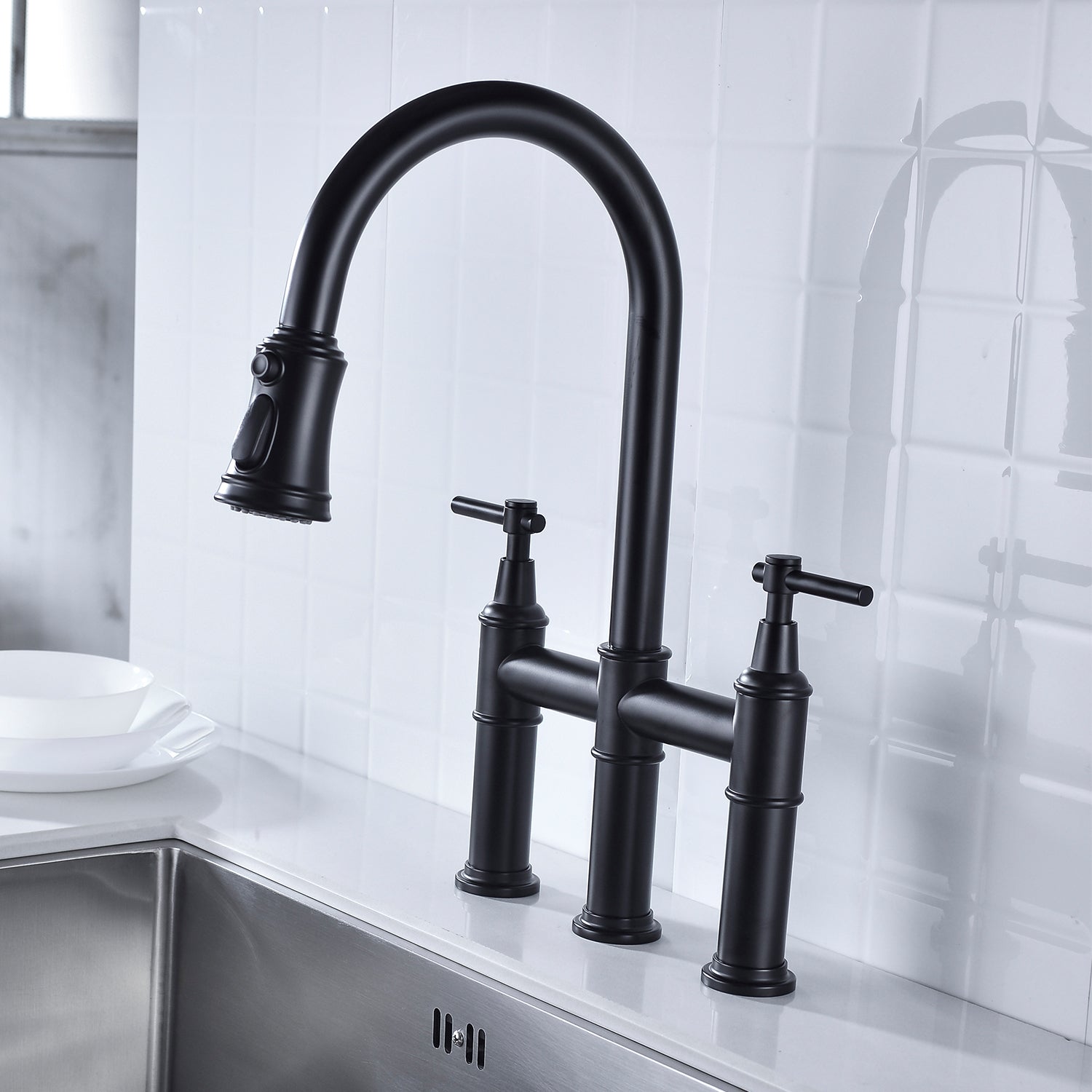 HAOYYE Bridge Kitchen Faucet with Pull-Down Sprayhead in Spot Sturdy Space-Saving Heavy Duty Modern Design Adults Dorm Room Easy Assembly Bedroom Furniture