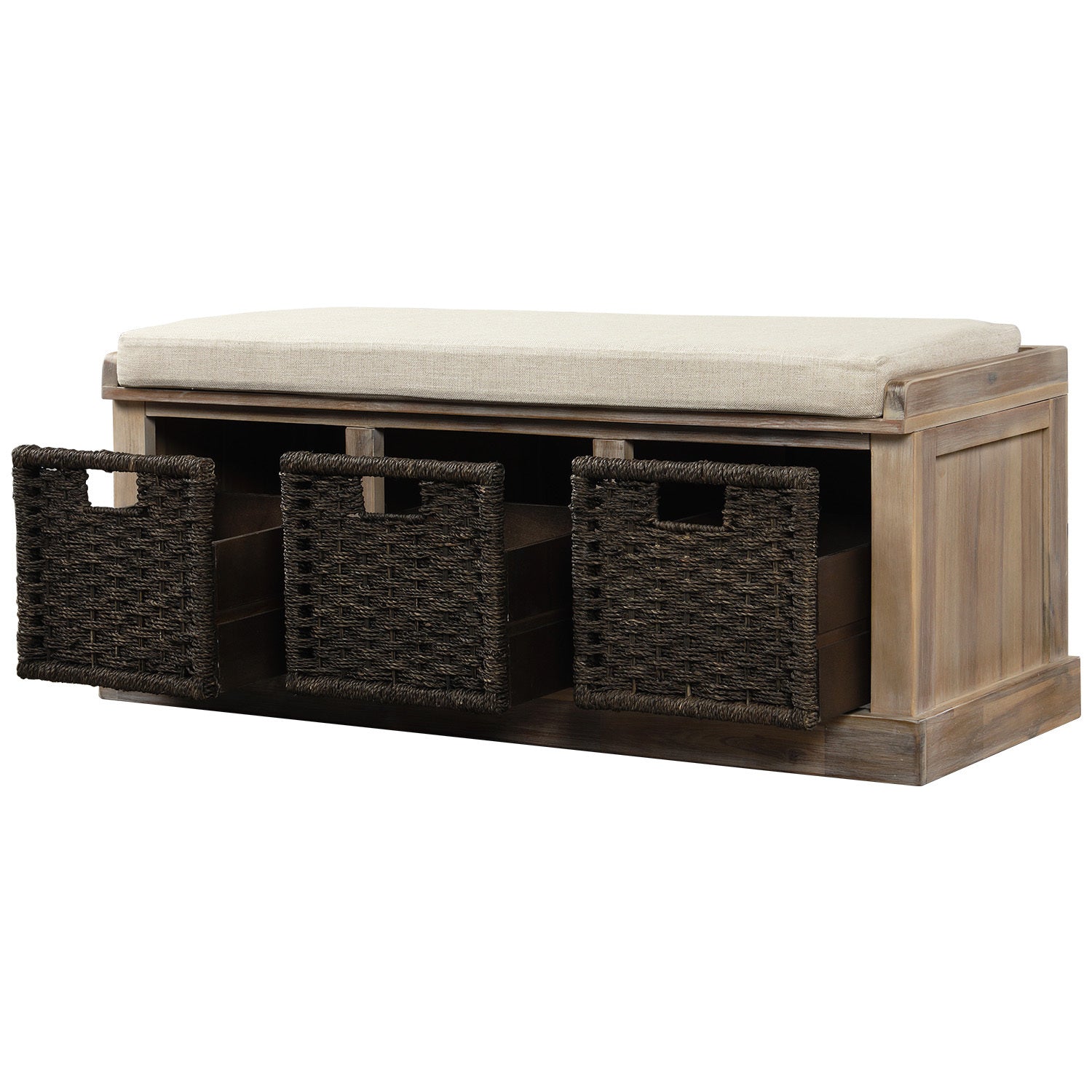 HAOYYE Rustic Storage Bench with 3 Removable Classic Rattan Basket , Entryway Bench with Removable Cushion (White Washed) Sturdy Space-Saving Heavy Duty Modern Design Easy Assembly Durable Stylish