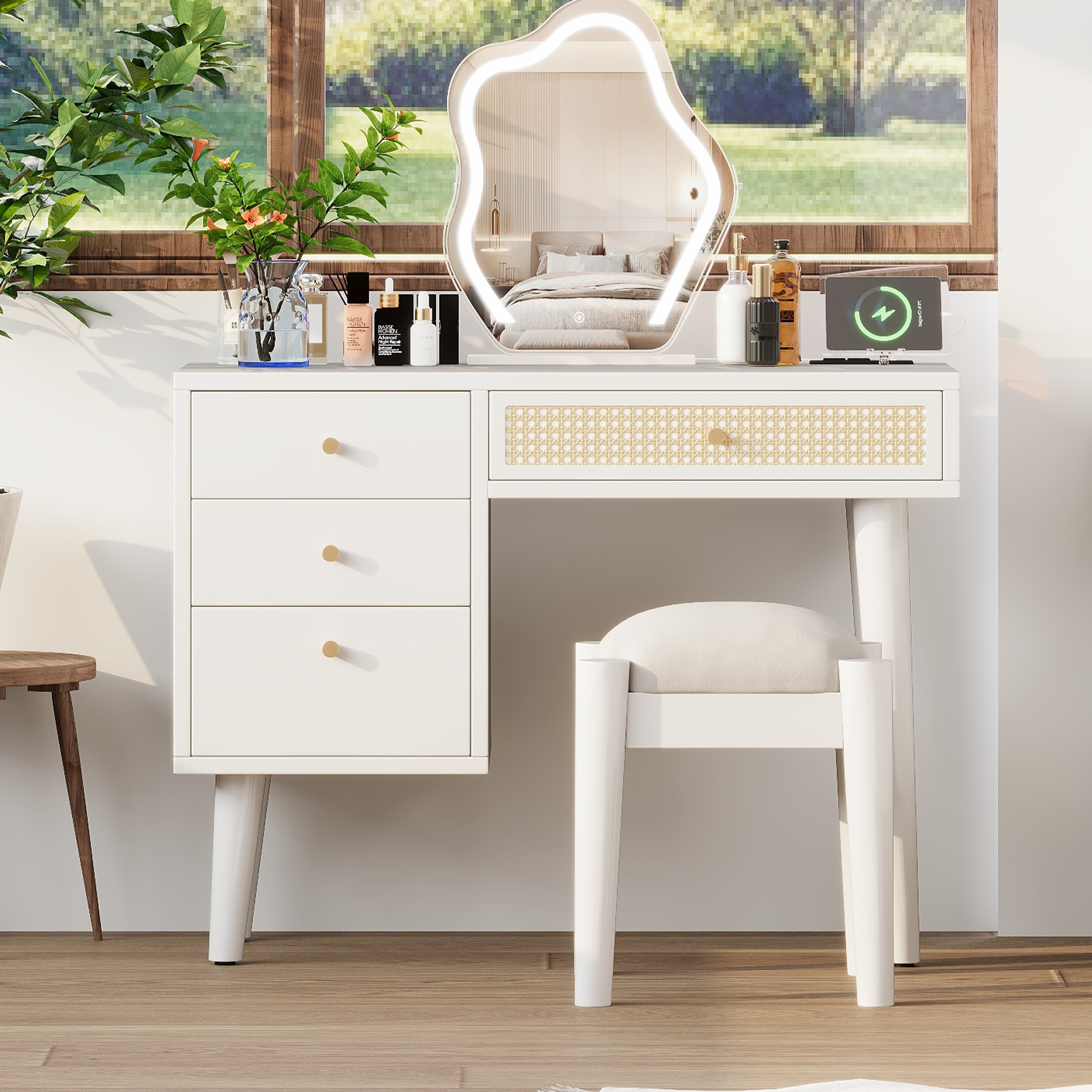 HAOYYE 39" Retro Bohemian Style Wooden Makeup Vanity Set with Charging Plug&USB Port and Stool, Dressing Table with 3 Storage Drawers and 1 Rectangular Rattan Drawer, White