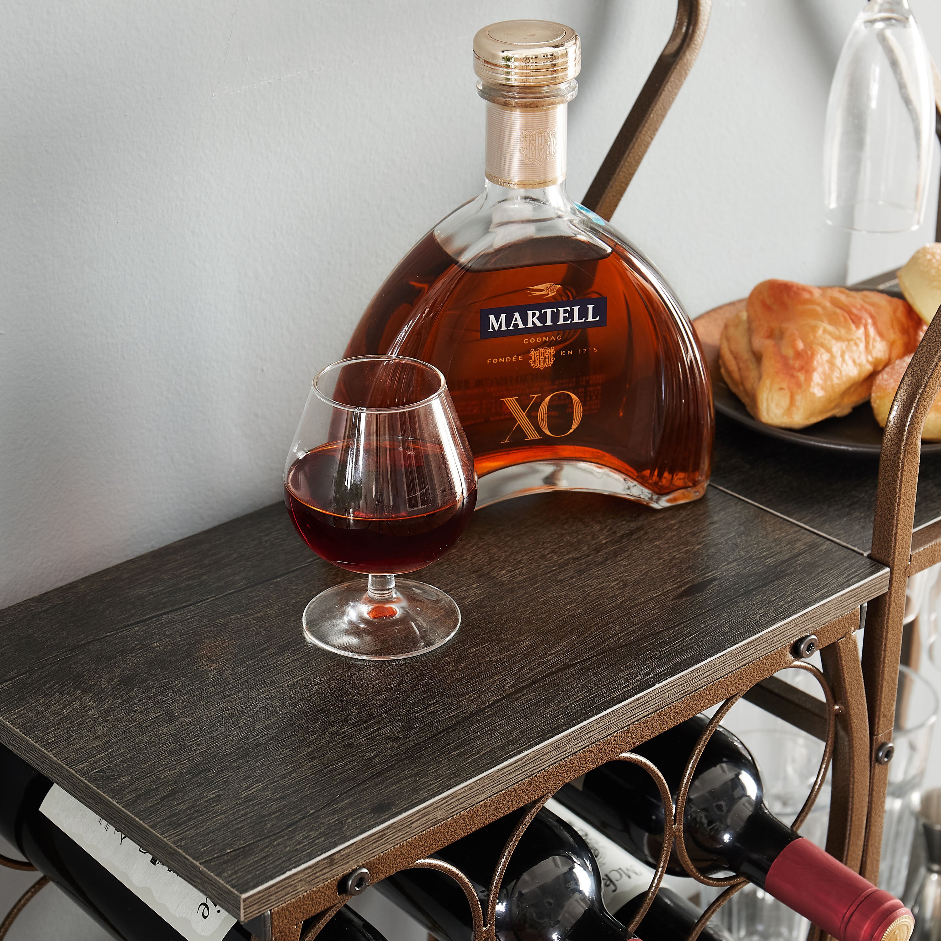 Haoyye Grey Wine Bakers Rack with 11 Bottle Storage, 5 Tier Freestanding Wine Rack with Hanging Glass Holder and Shelves, Rustic Metal and Wood Liquor Organizer for Kitchen, Dining Room or Home Bar, Sturdy Space-Saving Display Stand