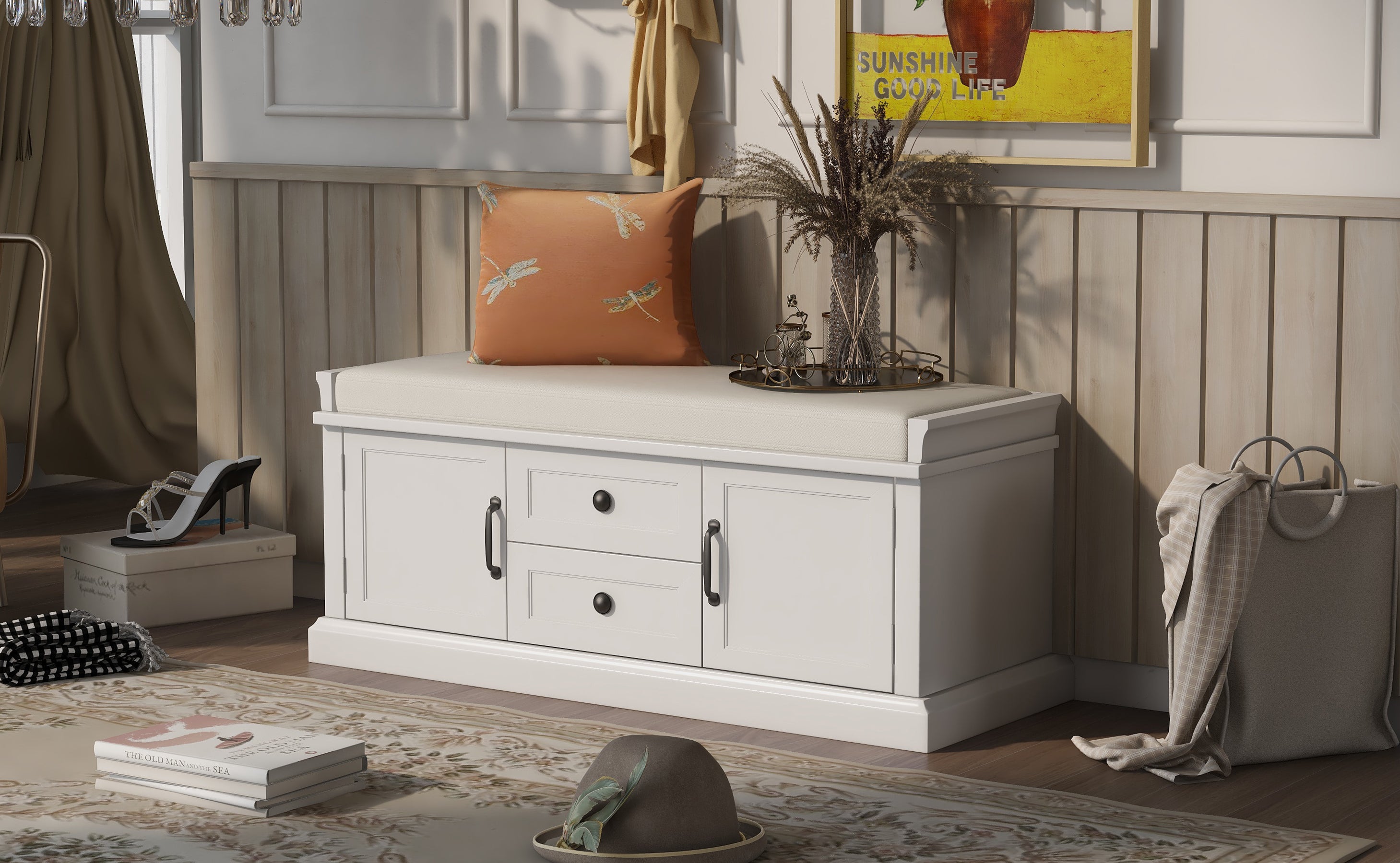 HAOYYE Storage Bench with 2 Drawers and Cabinets, Shoe Bench with Removable Cushion for Living Room, Entryway, Sturdy Space-Saving Heavy Duty Modern Design, White, Easy Assembly for Adults and Dorm Rooms