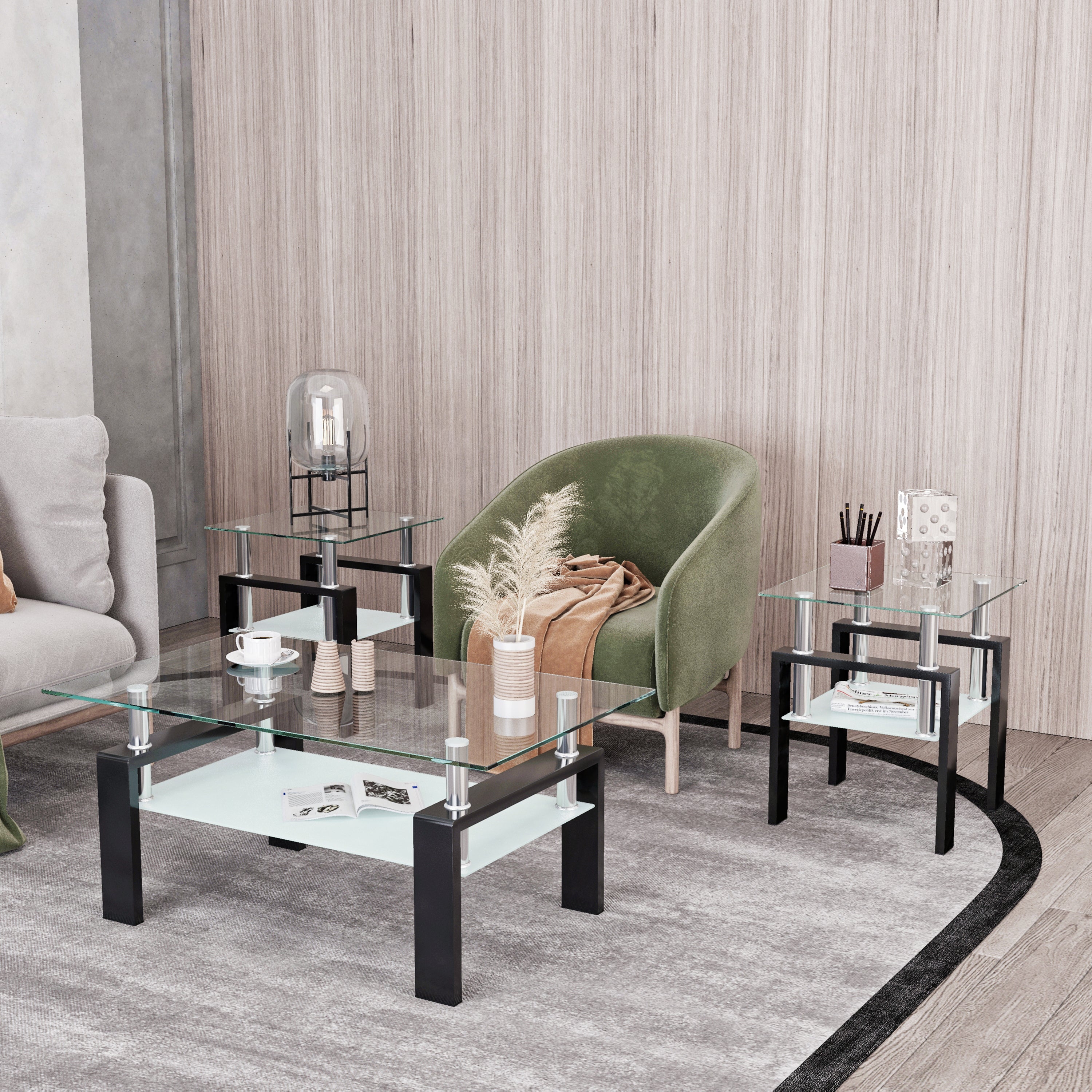 HAOYYE Set of 2, Modern Tempered Glass Tea Table Coffee Table End Table, Square Table for Living Room, Transparent/Black Sturdy Space-Saving Heavy Duty Modern Design Adults Dorm Room Easy Assembly
