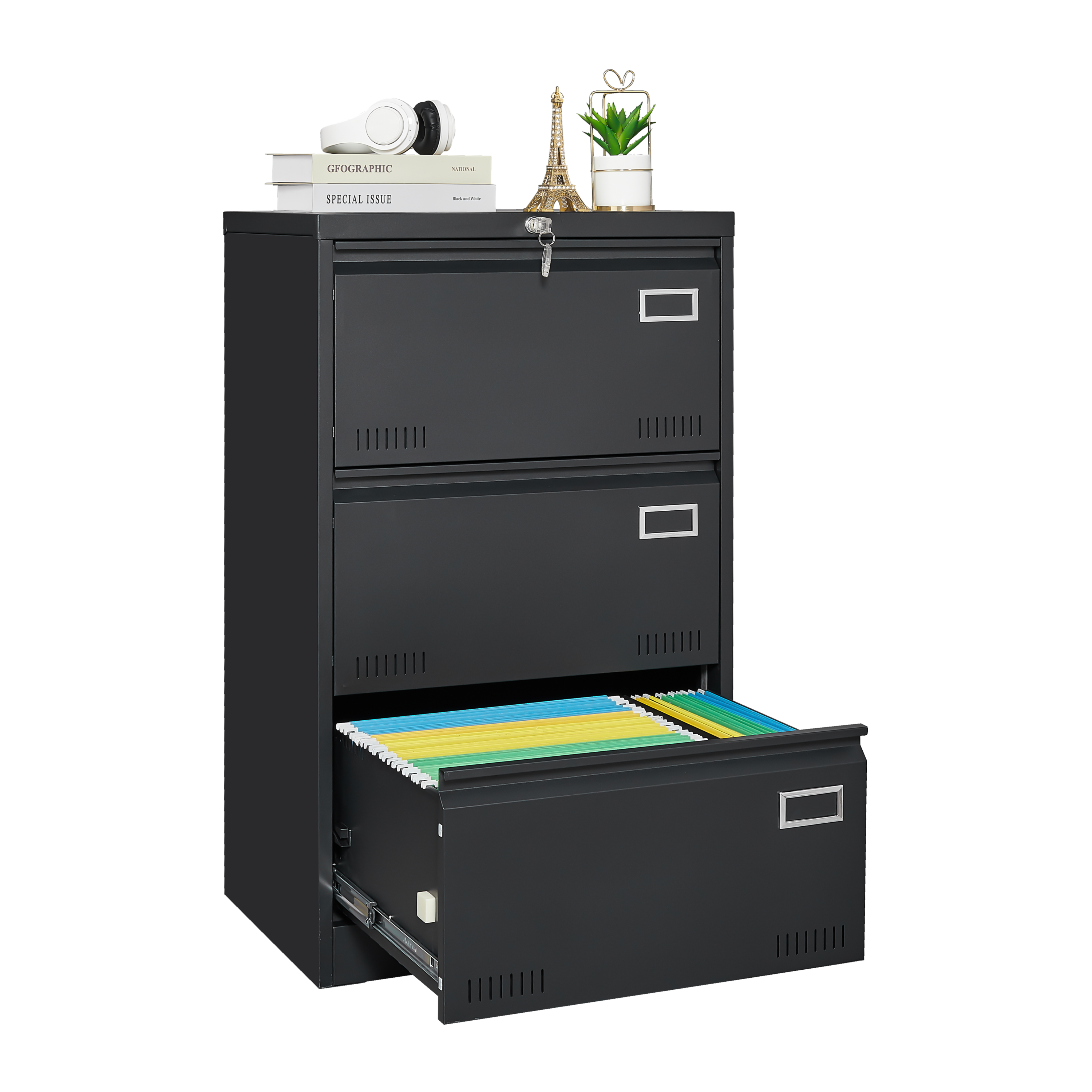 HAOYYE Lateral File Cabinet with 3 Locking Drawers, Sturdy Metal Filing Cabinet for Home Office, Legal, Letter, A4, F4 Paper, Heavy Duty Space-Saving Design for Secure Document Storage