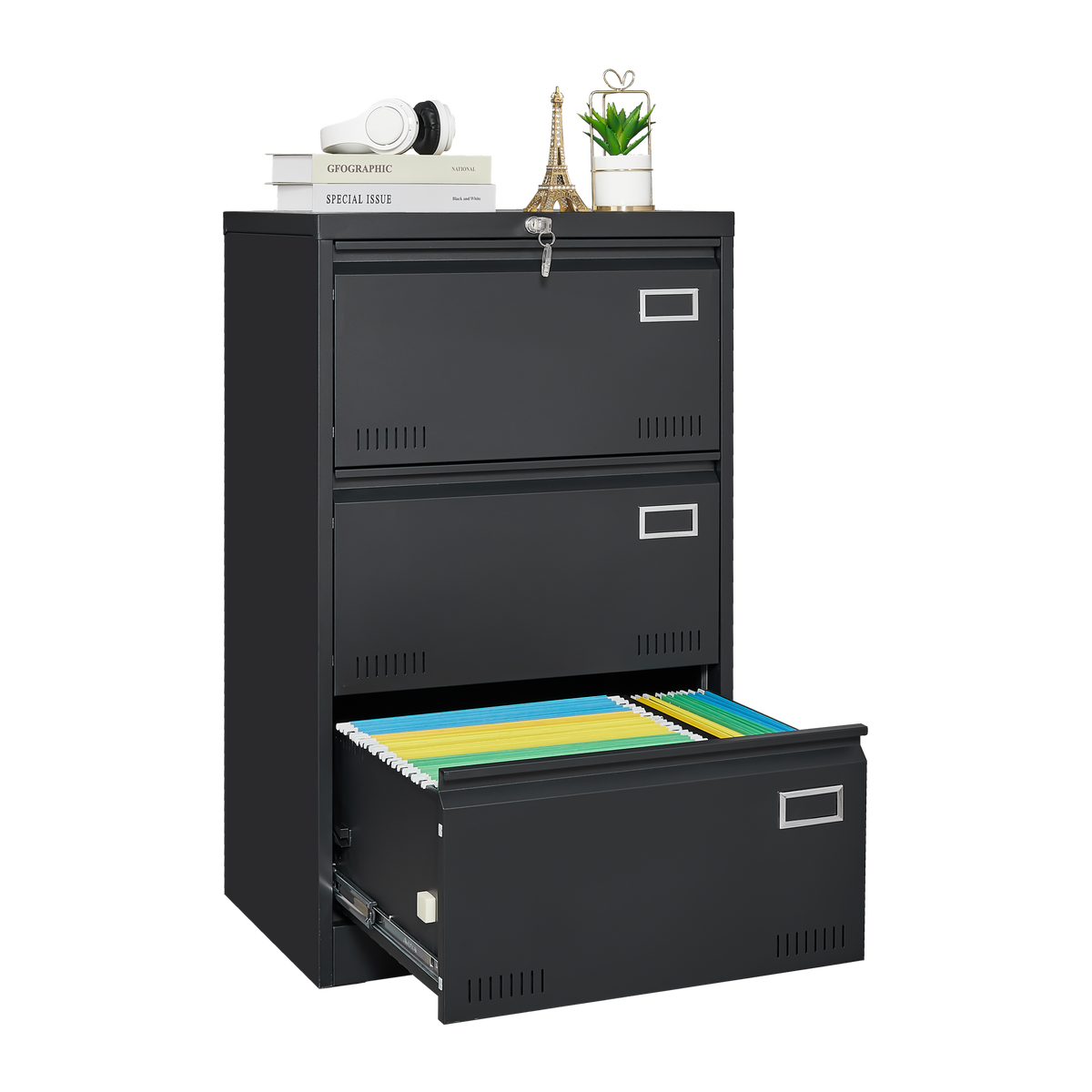 HAOYYE Lateral File Cabinet with 3 Locking Drawers, Sturdy Metal Filing Cabinet for Home Office, Legal, Letter, A4, F4 Paper, Heavy Duty Space-Saving Design for Secure Document Storage