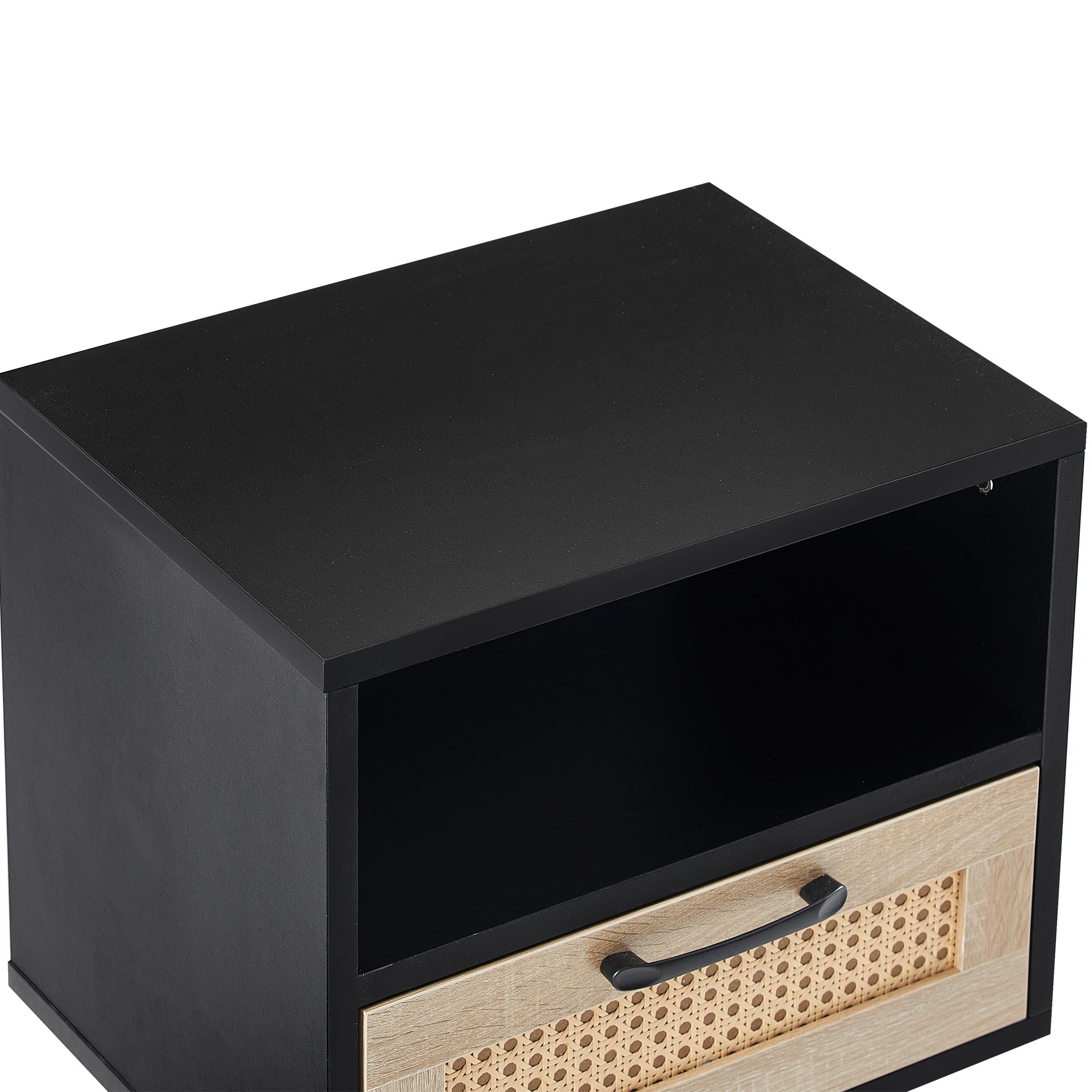 HAOYYE Rattan End Table with Drawer and Solid Wood Legs, Modern Nightstand, Side Table for Living Room, Bedroom, Black, Sturdy and Space-Saving Design, Heavy Duty Construction, Easy Assembly for Adults and Dorm Rooms