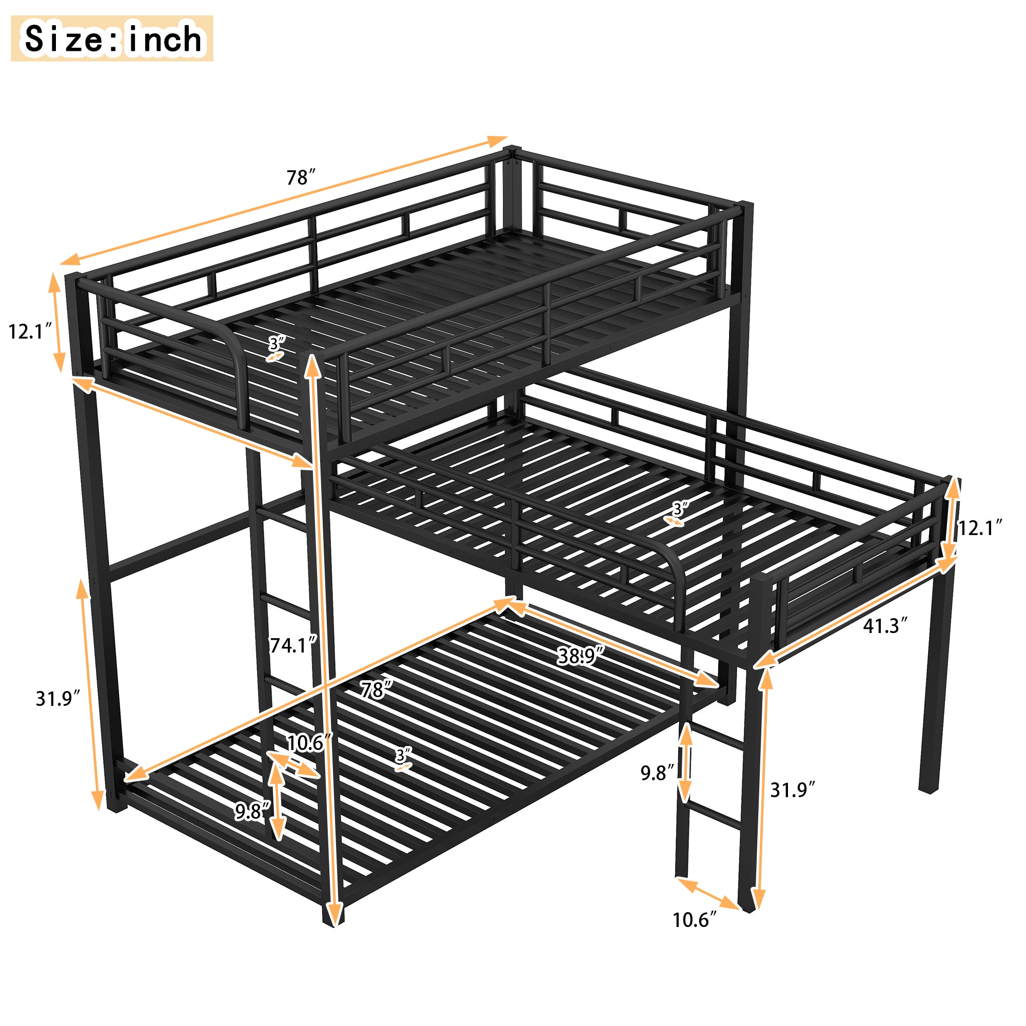 HAOYYE L-shaped Metal Triple Twin Size Bunk Bed, Black(OLD SKU:SM000605AAB) Sturdy Space-Saving Heavy Duty Modern Design Easy Assembly Durable Stylish Home Furniture Versatile