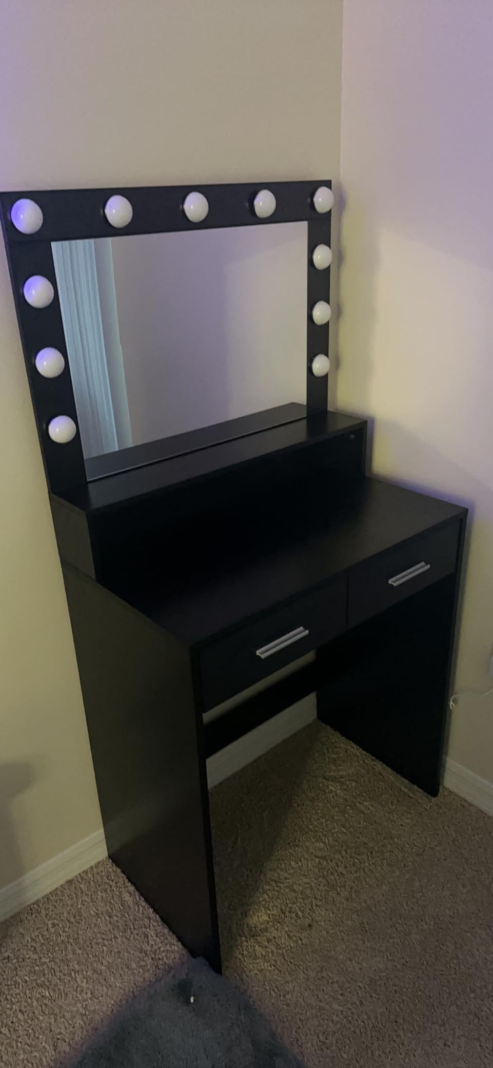 HAOYYE Vanity Desk with Mirror and Lights, Dressing Table with Large Drawer, Two-Level Storage Dresser, and Adjustable Brightness with Three Lighting Modes, Black, Sturdy Space-Saving Design, Heavy Duty Construction, Stylish and Durable Home Furniture