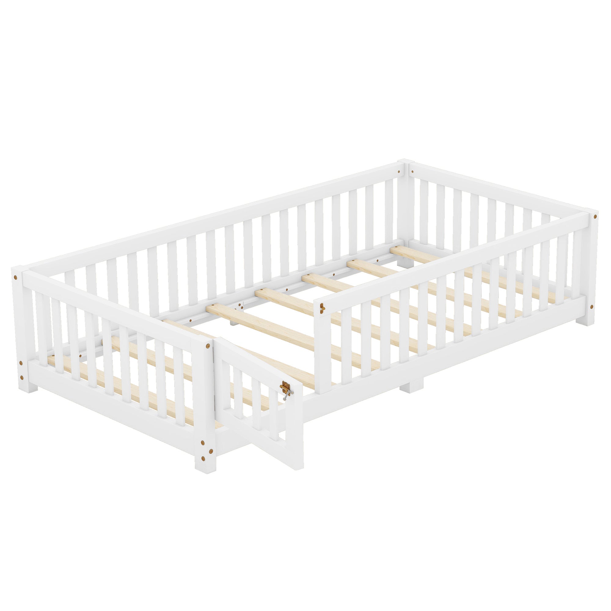 HAOYYE Twin Size Bed Floor Bed with Safety Guardrails and Door for , White(Old SKU:W158090683) Sturdy Space-Saving Heavy Duty Modern Design Adults Dorm Room Easy Assembly Bedroom Furniture