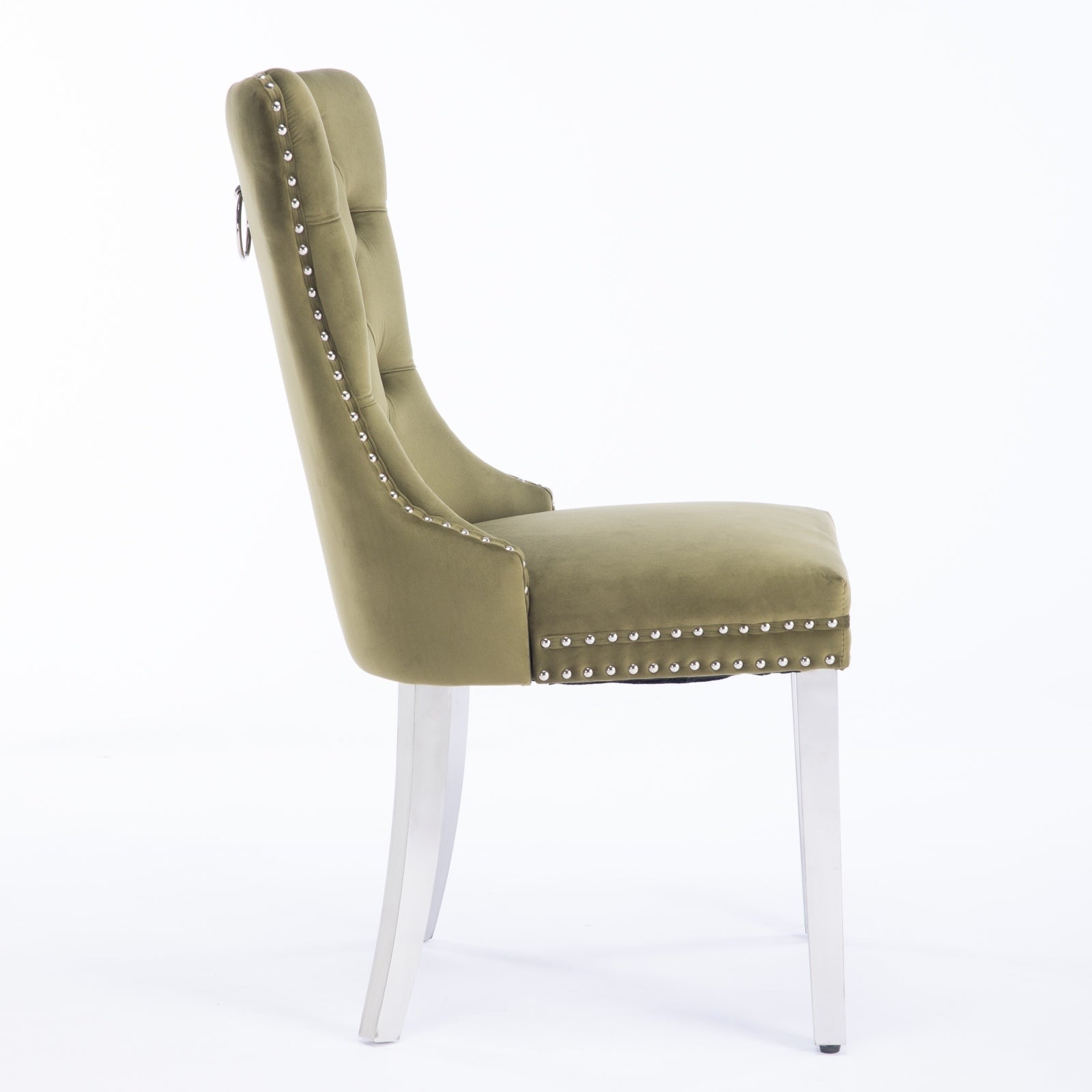 HAOYYE High-end Tufted Solid Wood Contemporary Velvet Upholstered Dining Chair with Chrome Stainless Steel Plating Legs,Nailhead Trim,Set of 2,Olive-Green and Chrome, SW1701OL Sturdy