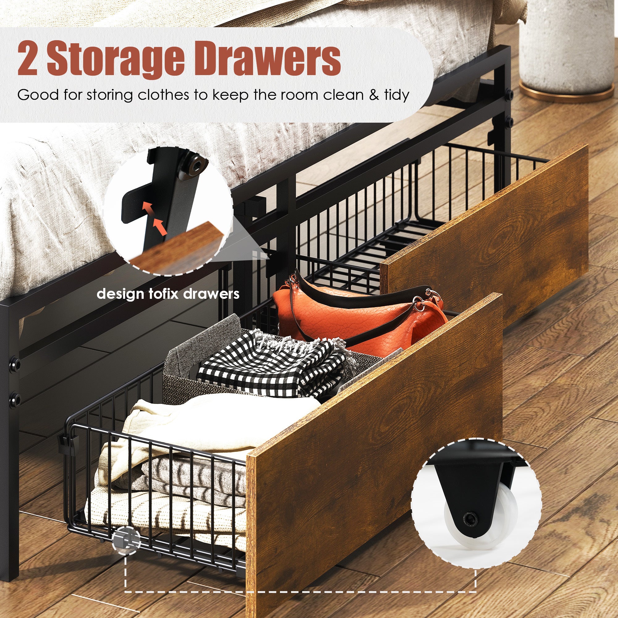 HAOYYE Twin Size Upholstered Platform Bed Frame with Storage Drawers, USB Ports, LED Lights, and Wingback Headboard, Rustic Brown, Sturdy Space-Saving Design, Heavy Duty Construction, Modern Stylish Home Furniture