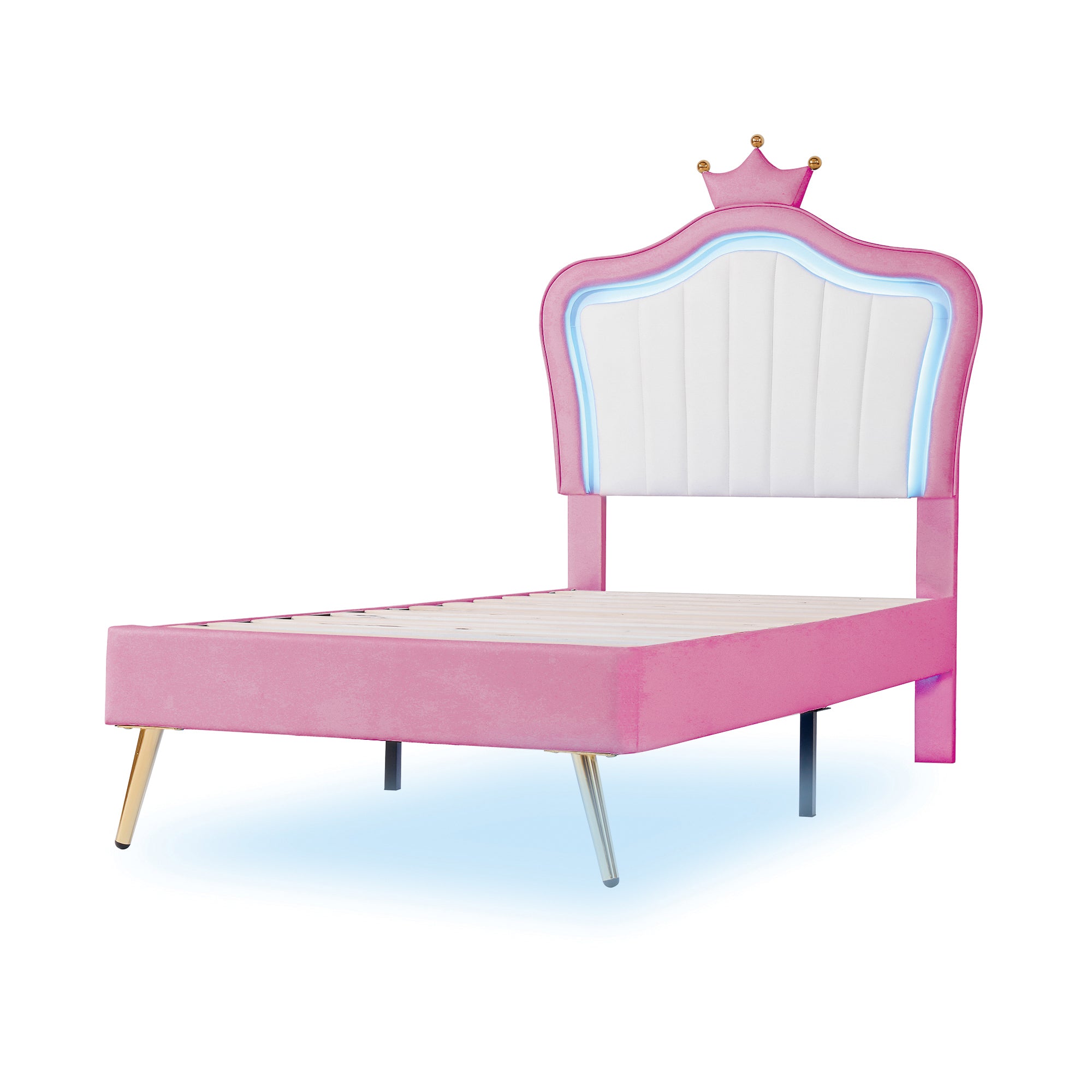 HAOYYE Twin Size Upholstered Bed Frame with LED Lights, Modern Upholstered Princess Bed With Crown Headboard,White+Pink Sturdy Space-Saving Heavy Duty Modern Design Adults Dorm Room Easy Assembly
