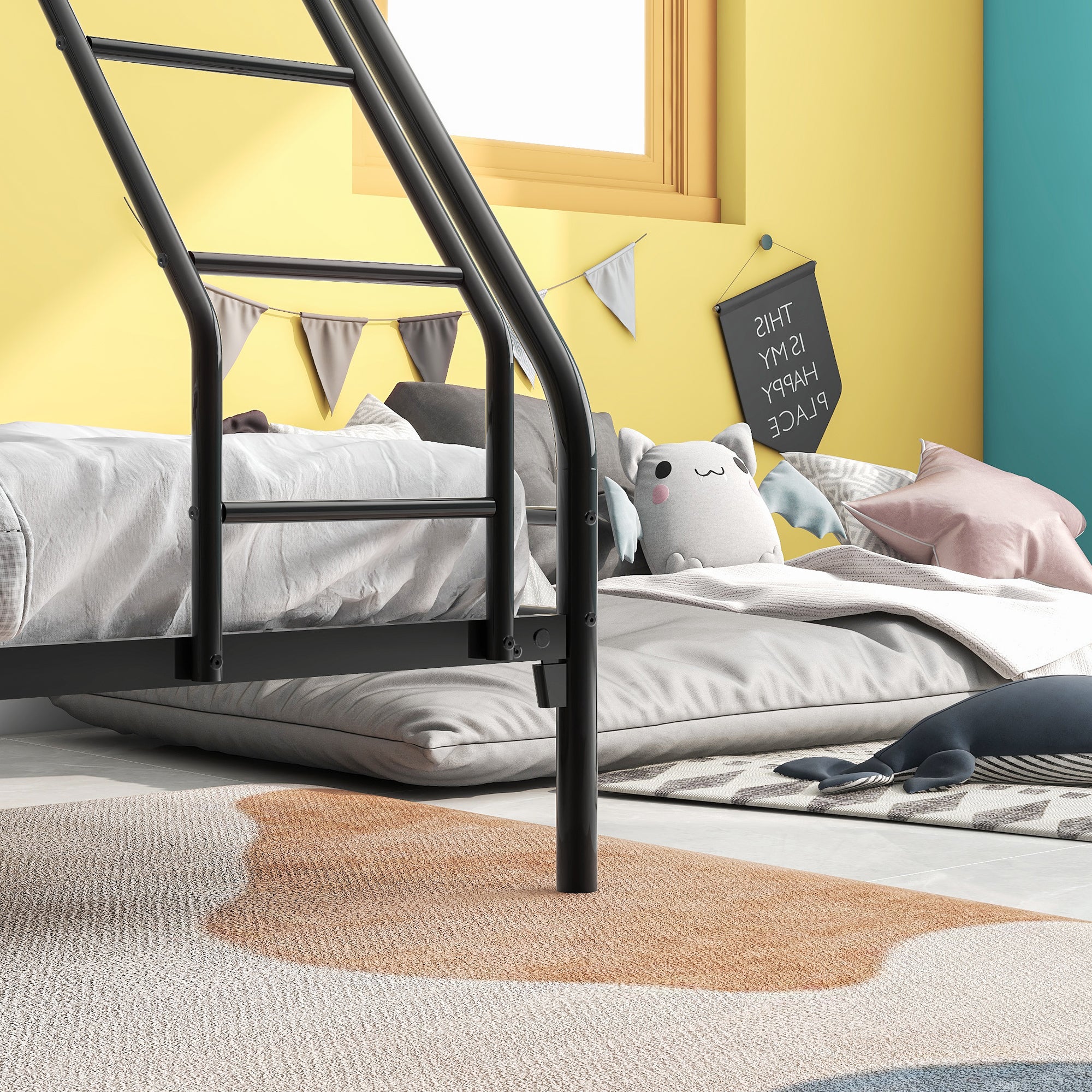 HAOYYE Heavy Duty Twin-Over-Full Metal Bunk Bed, Easy Assembly with Enhanced Upper-Level Guardrail, Black Sturdy Space-Saving Modern Design Adults Dorm Room Bedroom Furniture